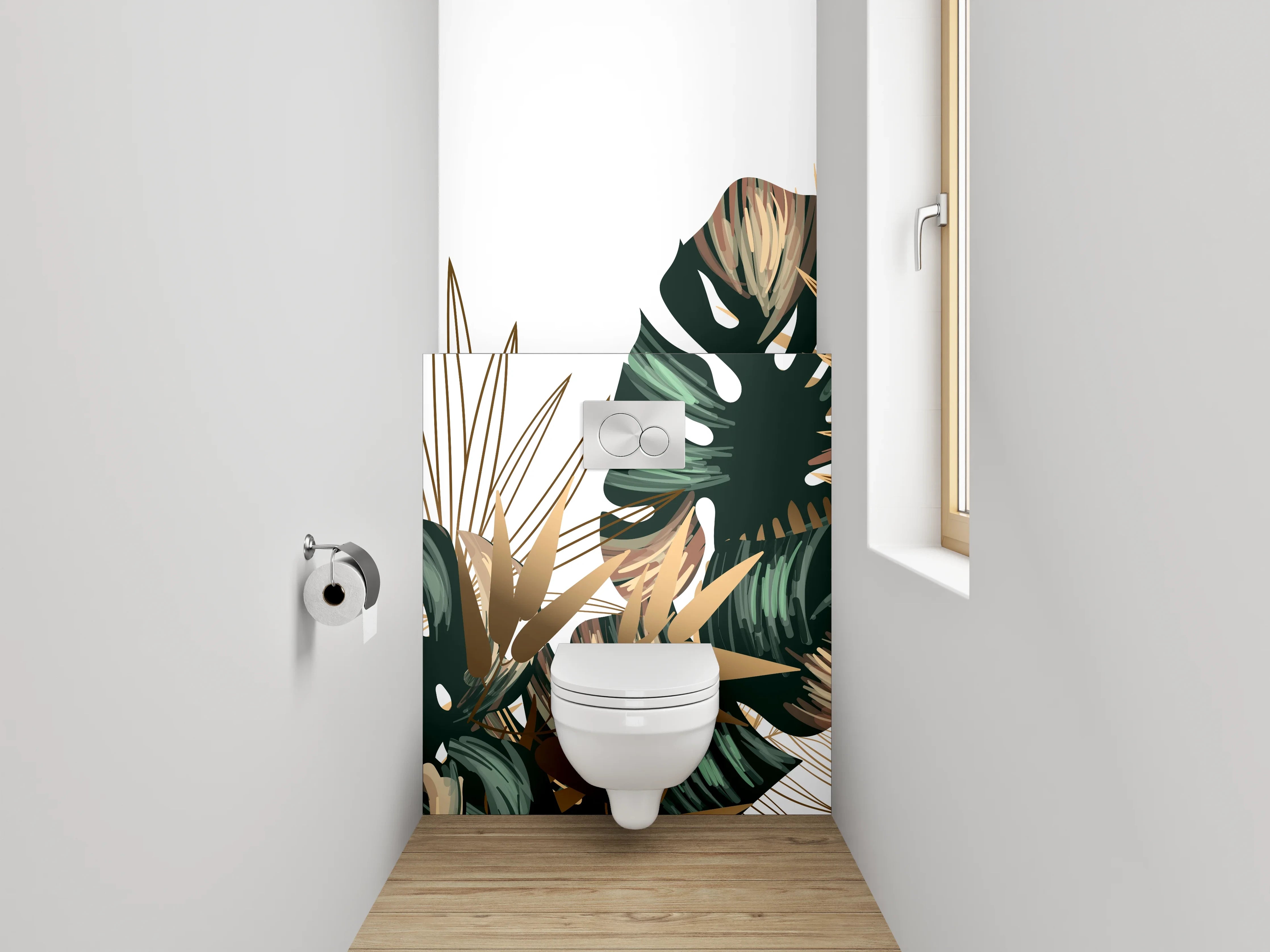 WC-Rückwand - Tropische Blätter Goldgrün Design