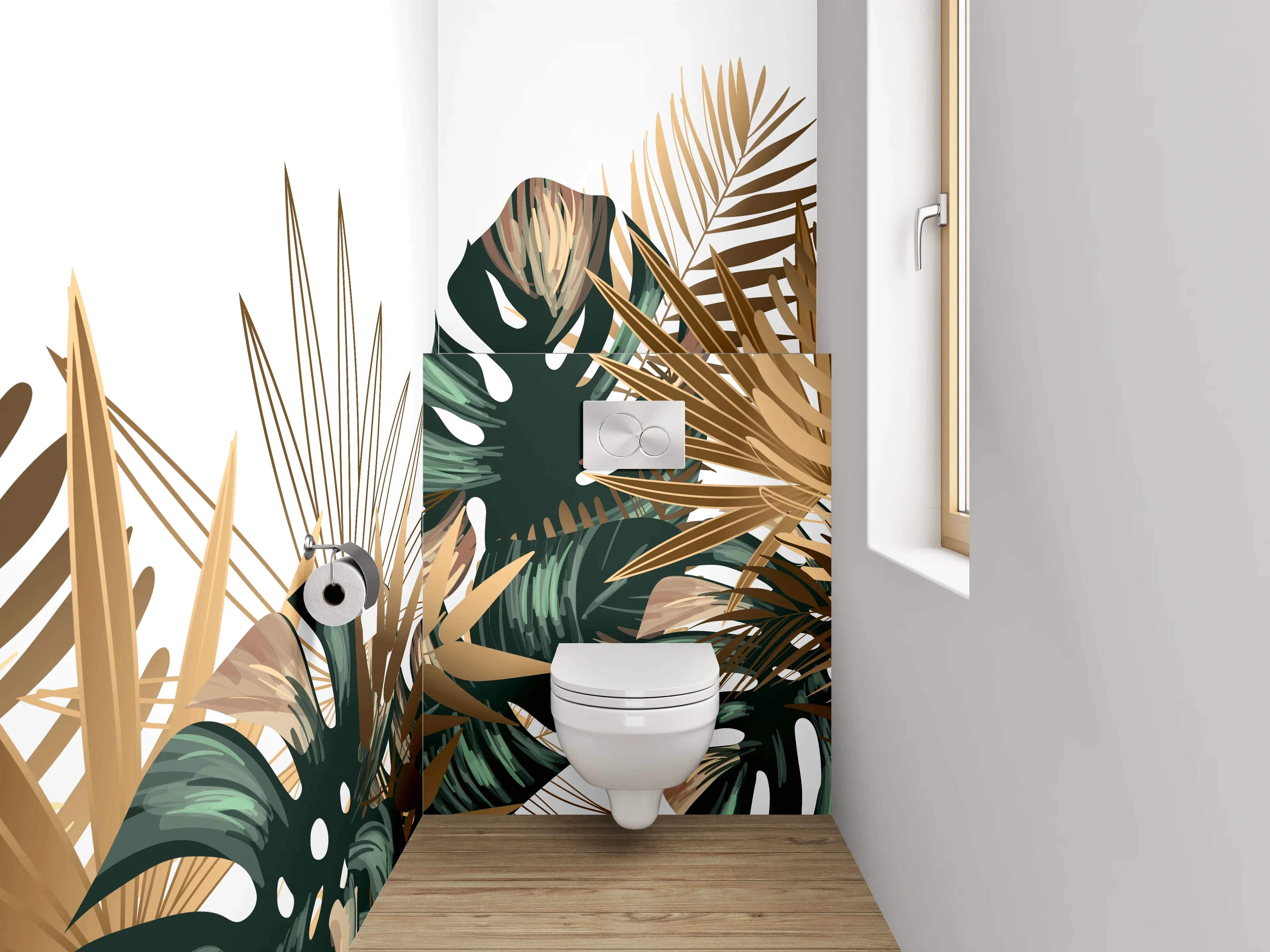 WC-Rückwand - Tropische Blätter Goldgrün Design