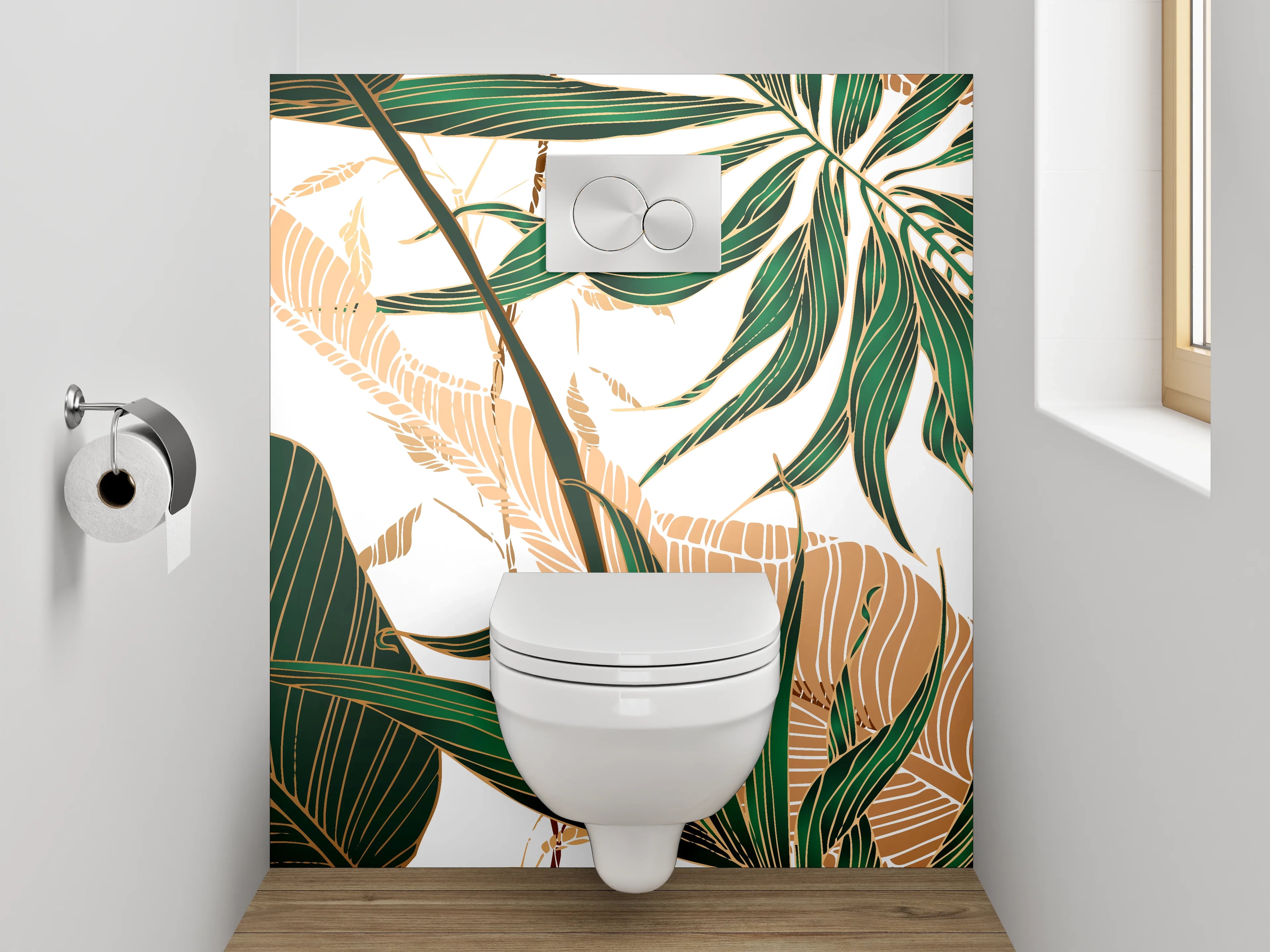 WC-Rückwand - Tropische Blätter Illustration grün gold