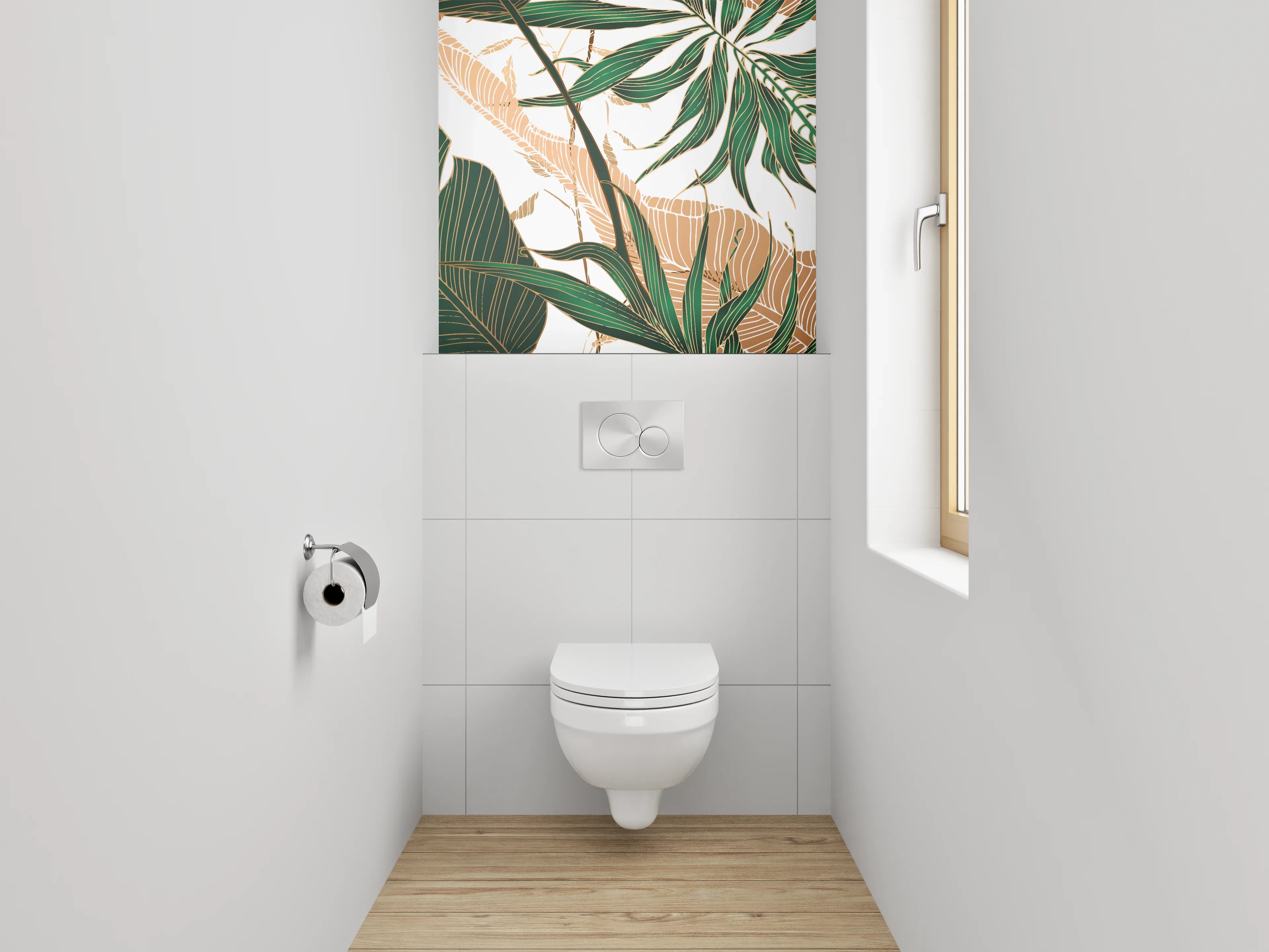 WC-Rückwand - Tropische Blätter Illustration grün gold