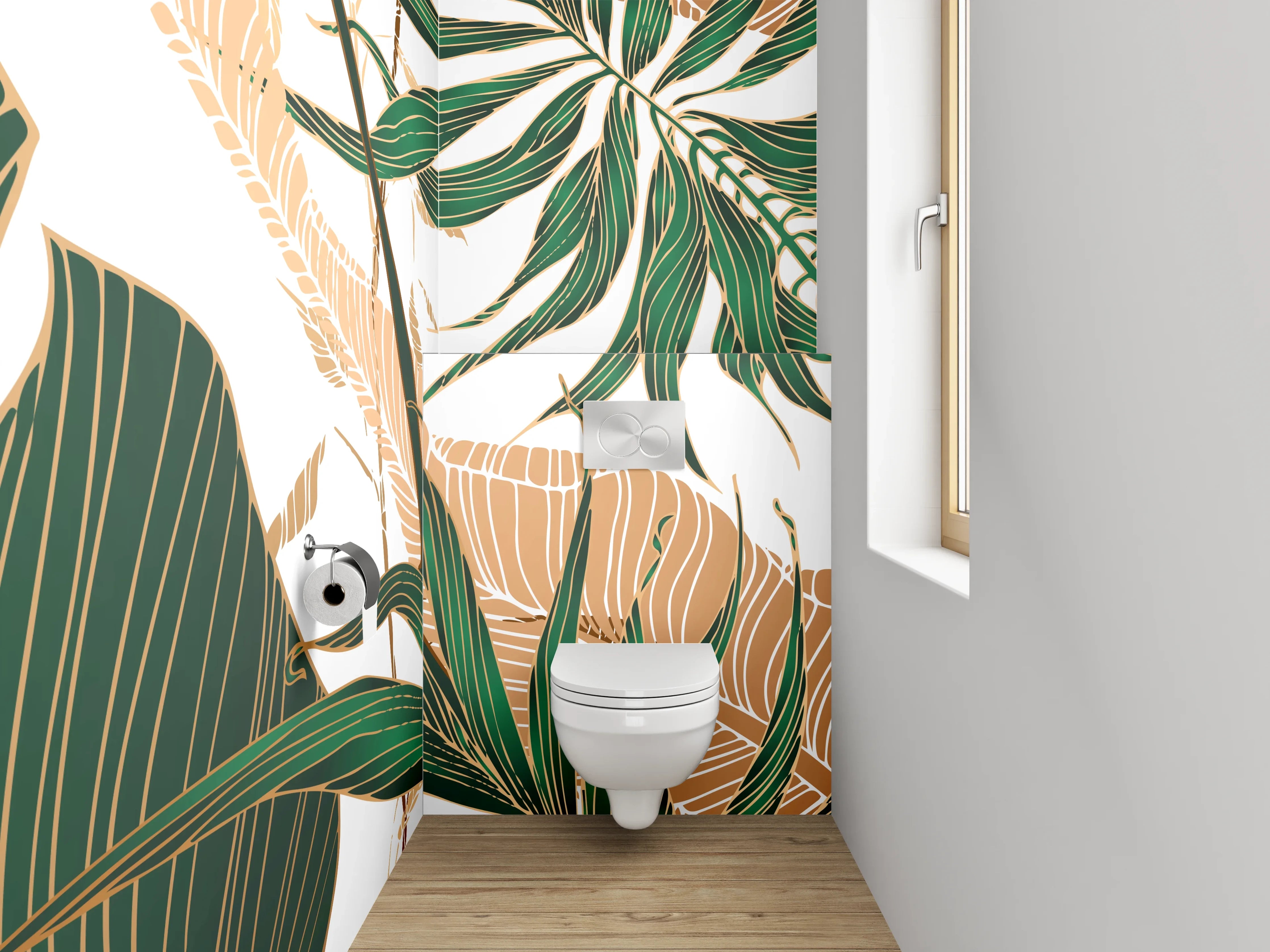 WC-Rückwand - Tropische Blätter Illustration grün gold
