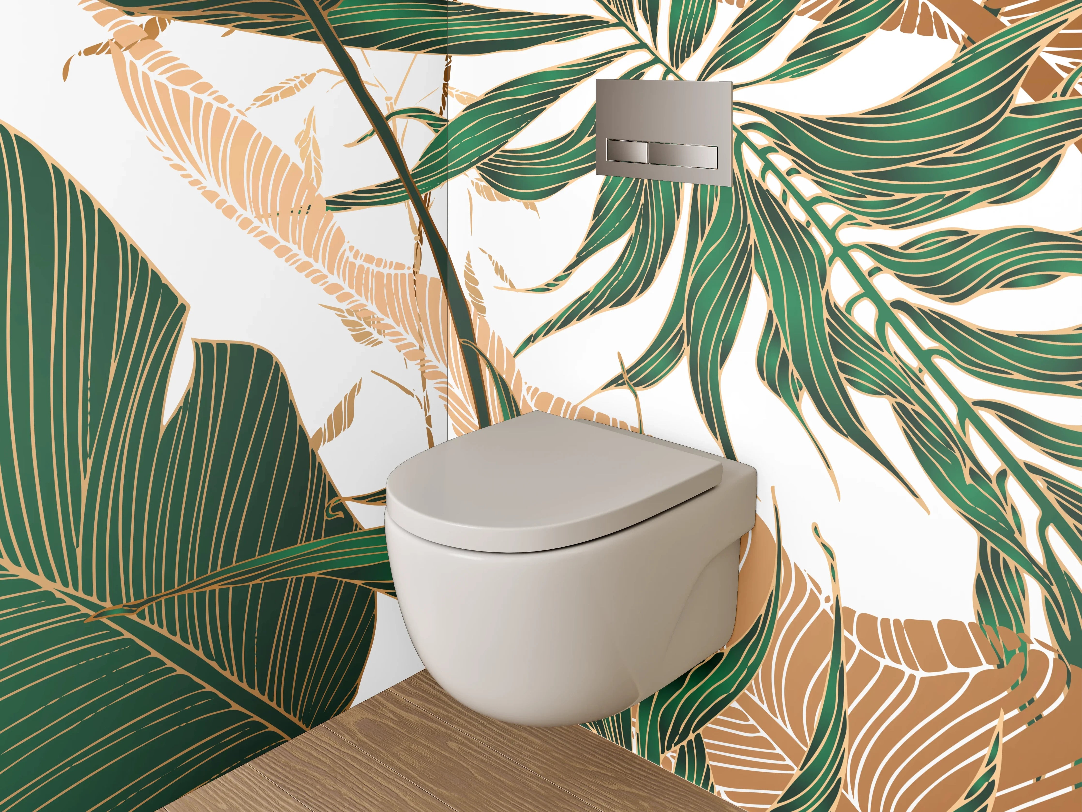 WC-Rückwand - Tropische Blätter Illustration grün gold