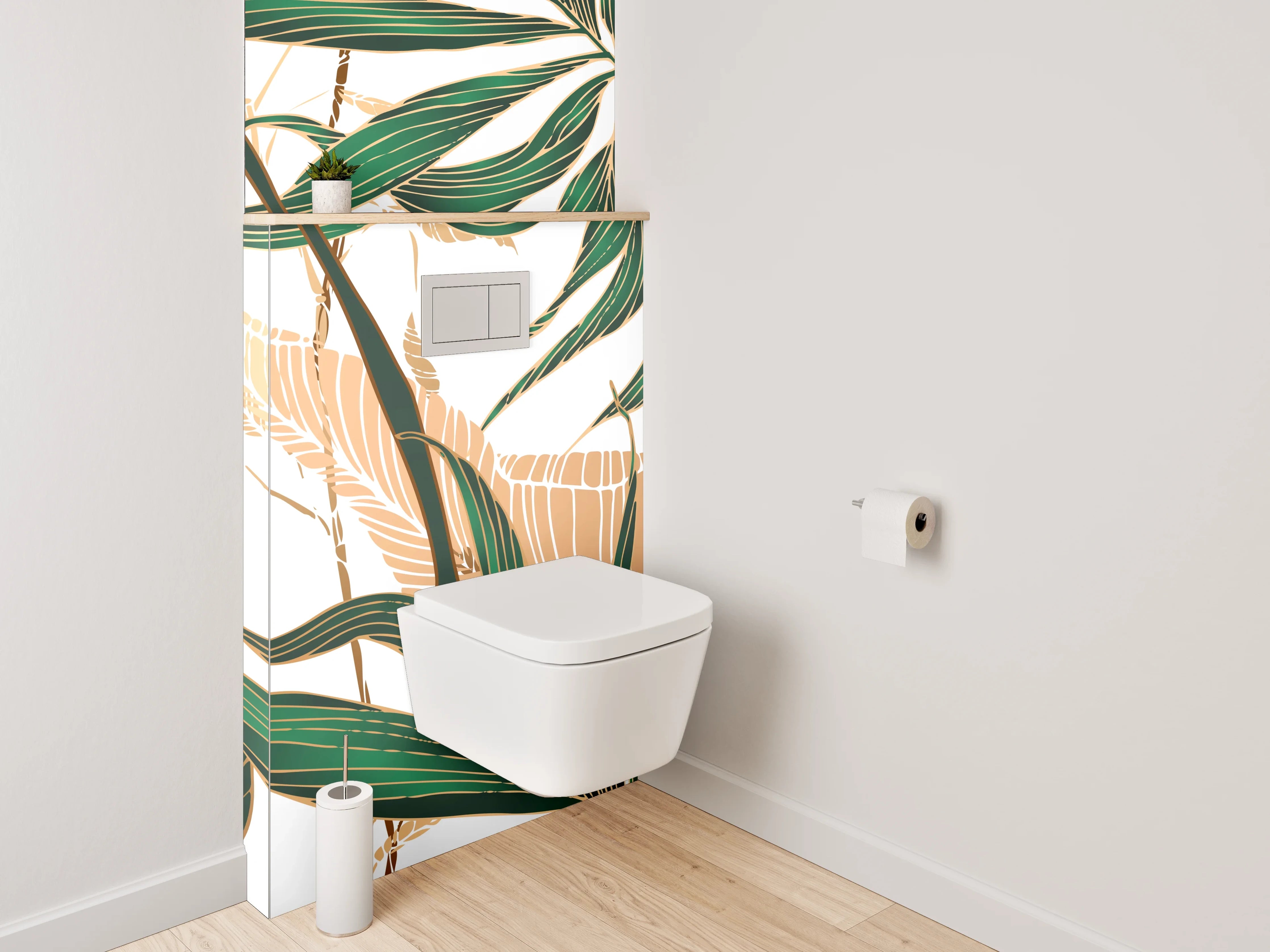 WC-Rückwand - Tropische Blätter Illustration grün gold