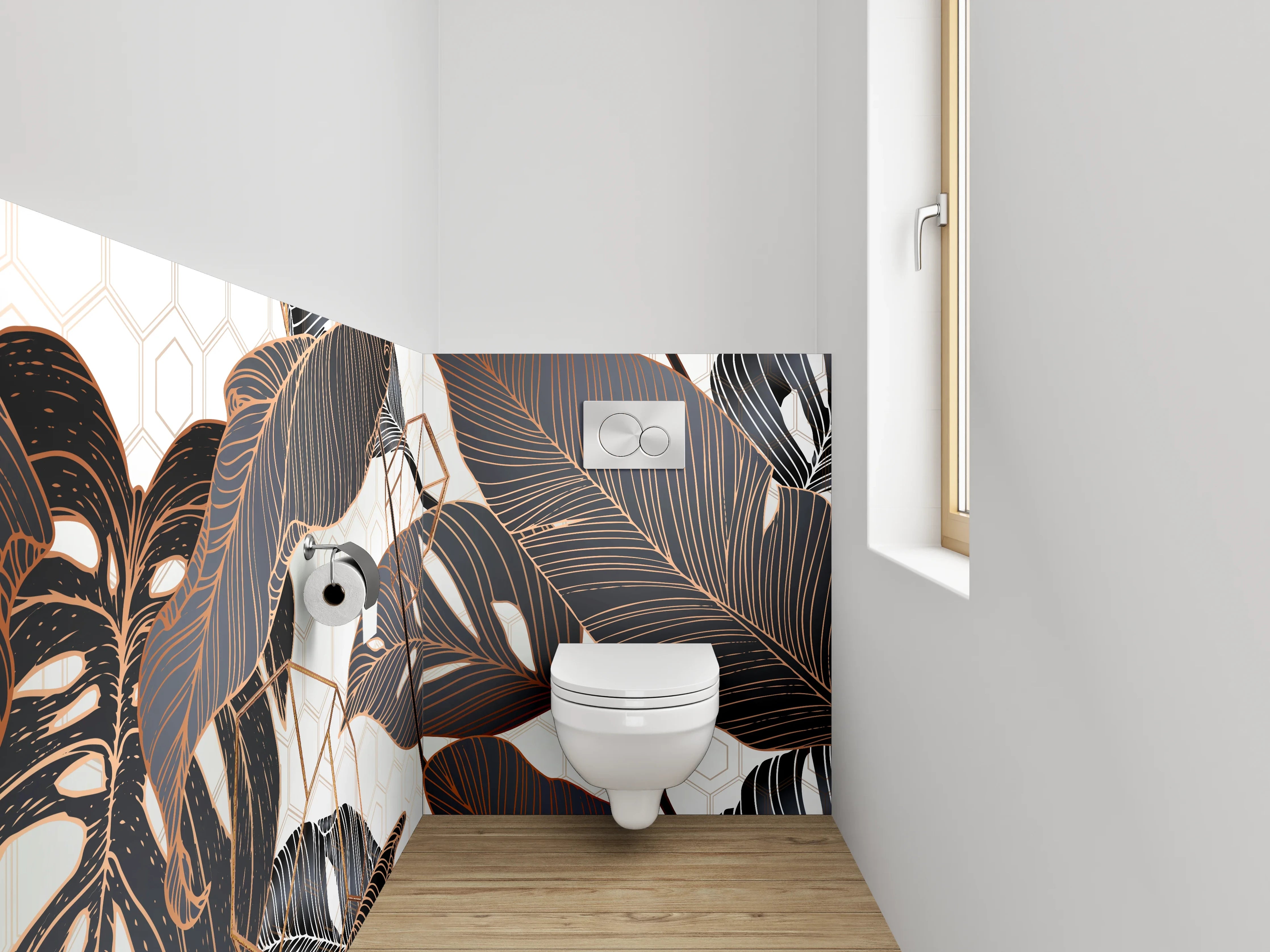 WC-Rückwand - Tropische Blätter Lineart auf Cremeweiß