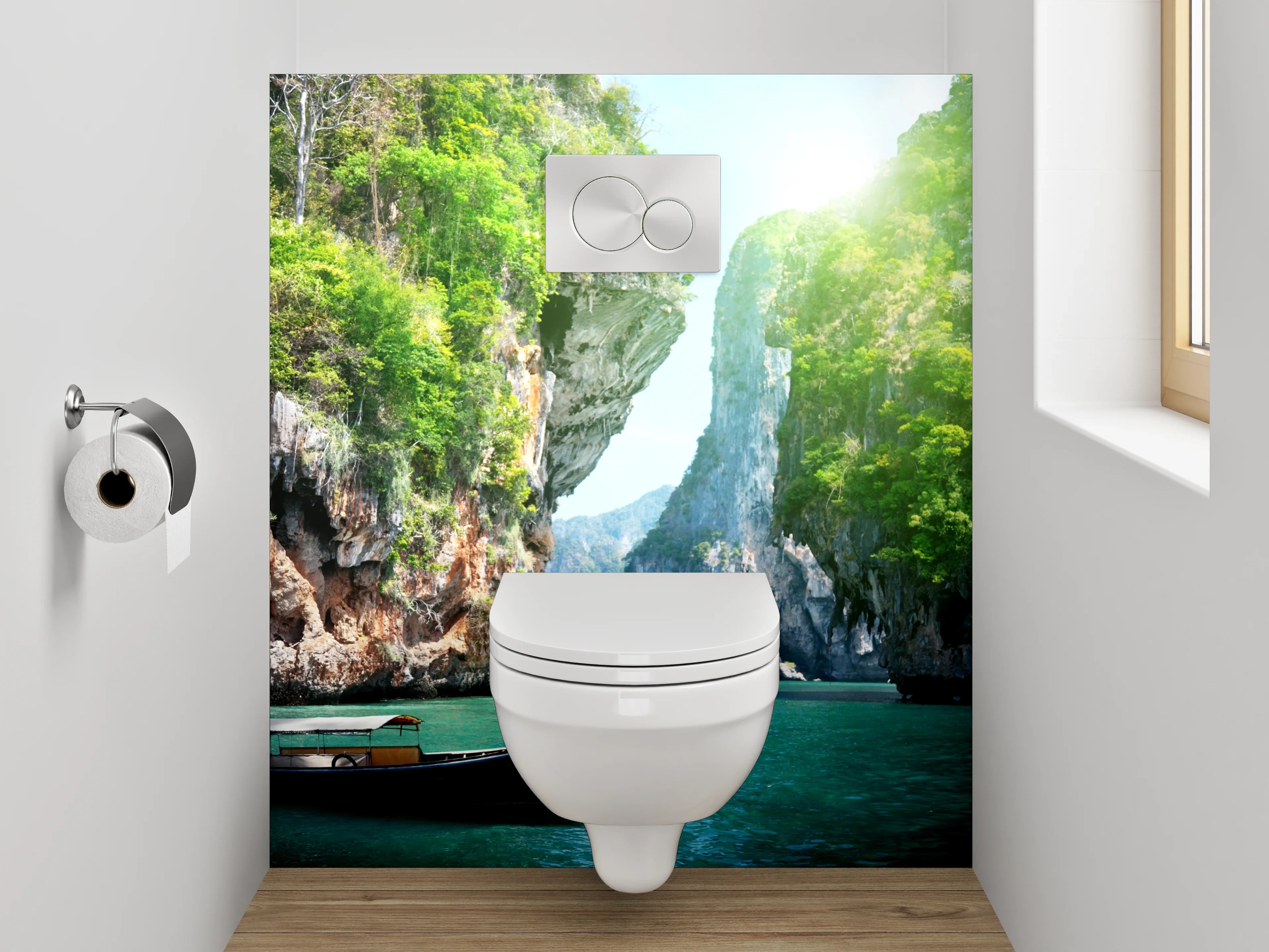 WC-Rückwand - Tropische Felsenbucht mit Boot
