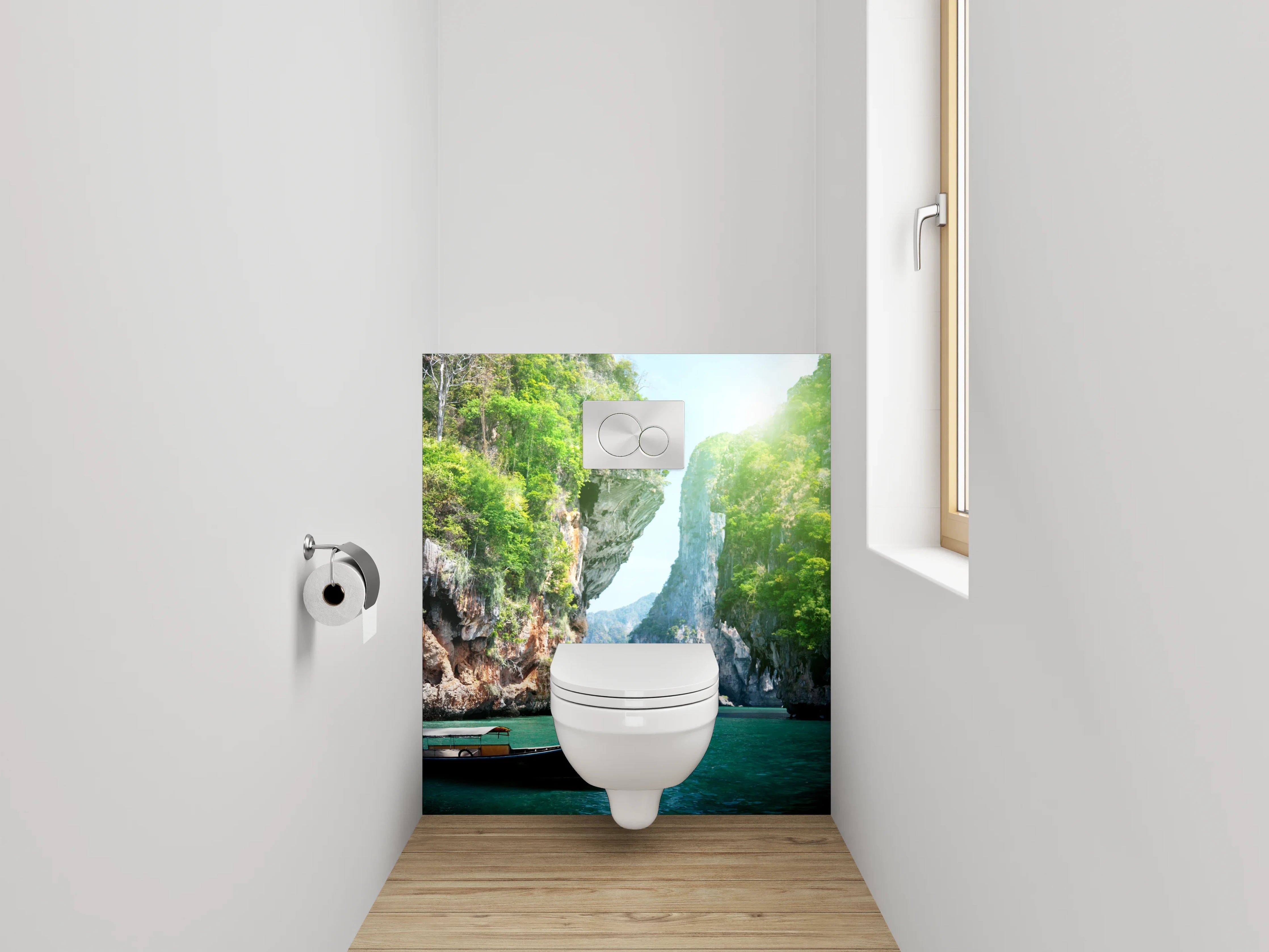 WC-Rückwand - Tropische Felsenbucht mit Boot