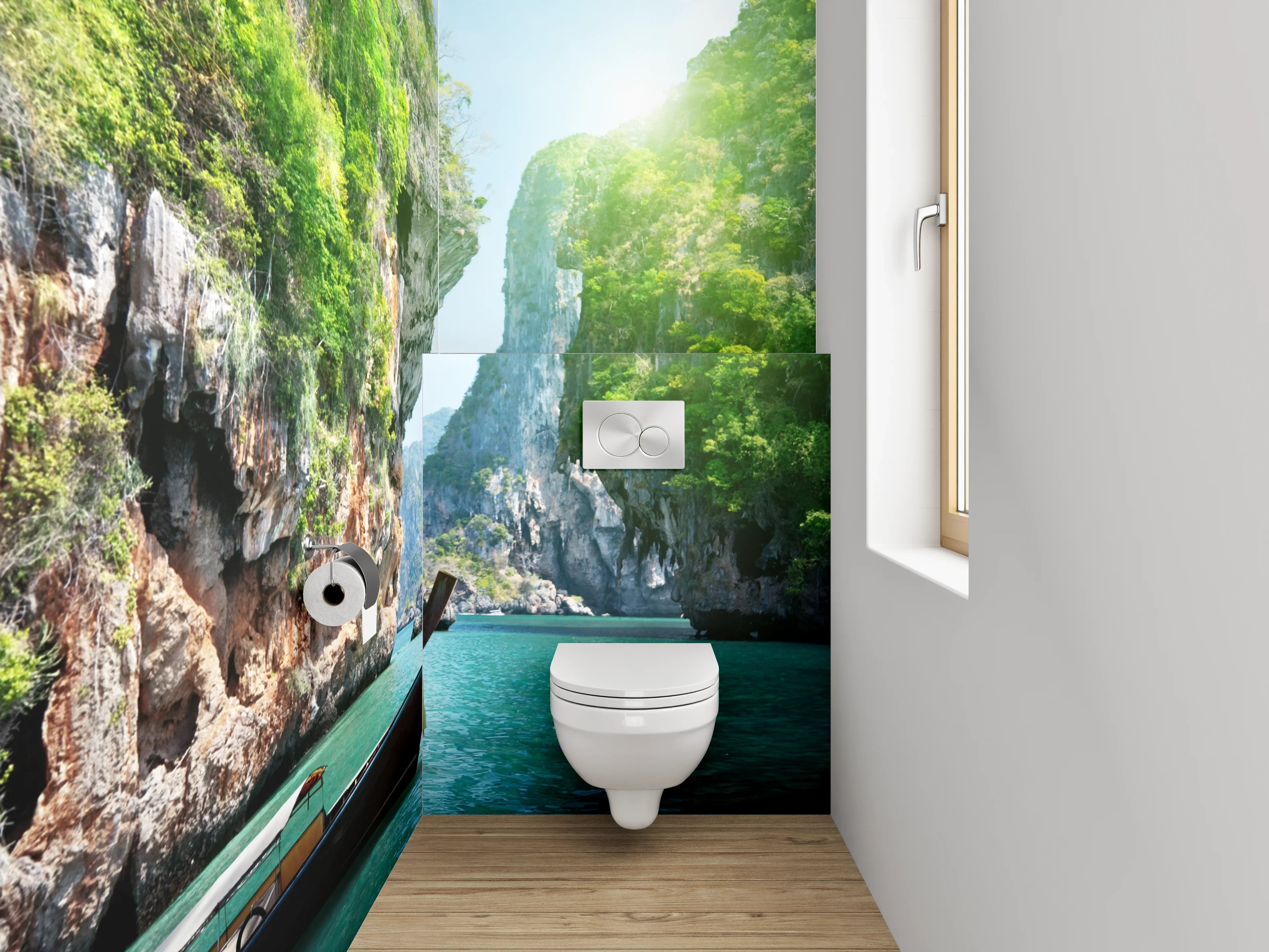 WC-Rückwand - Tropische Felsenbucht mit Boot