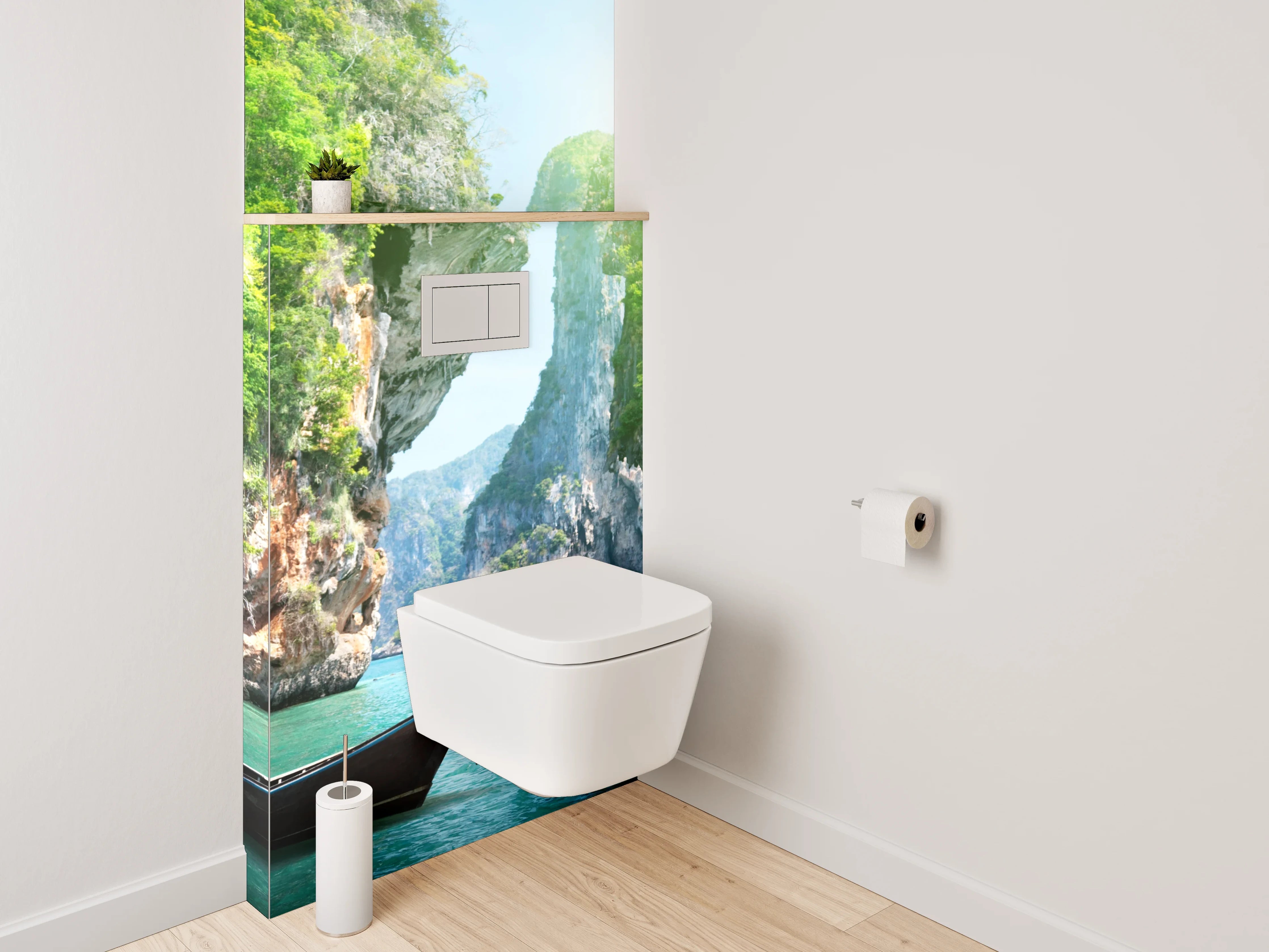 WC-Rückwand - Tropische Felsenbucht mit Boot