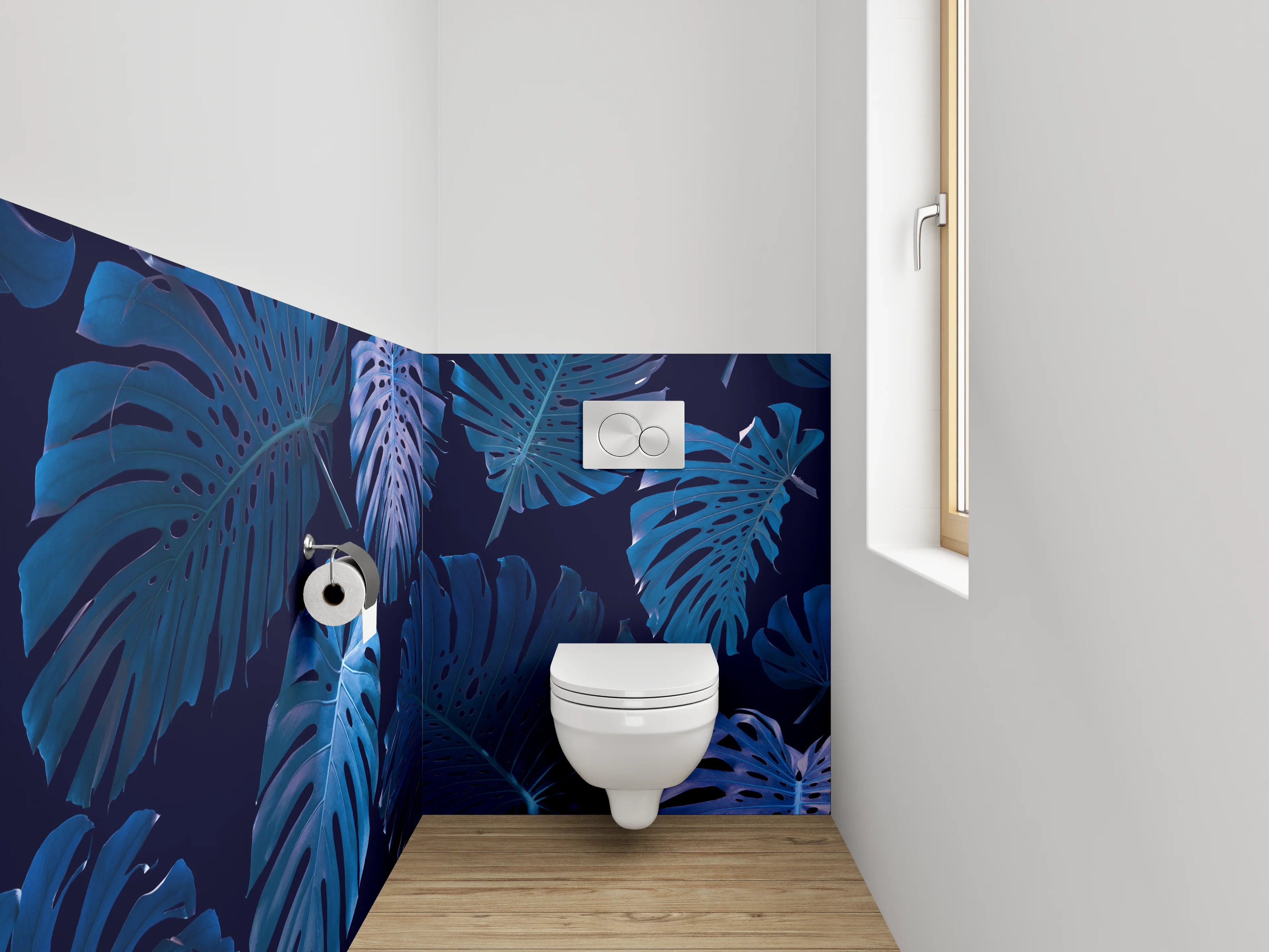 WC-Rückwand - Tropische Monstera Blätter Blau Design