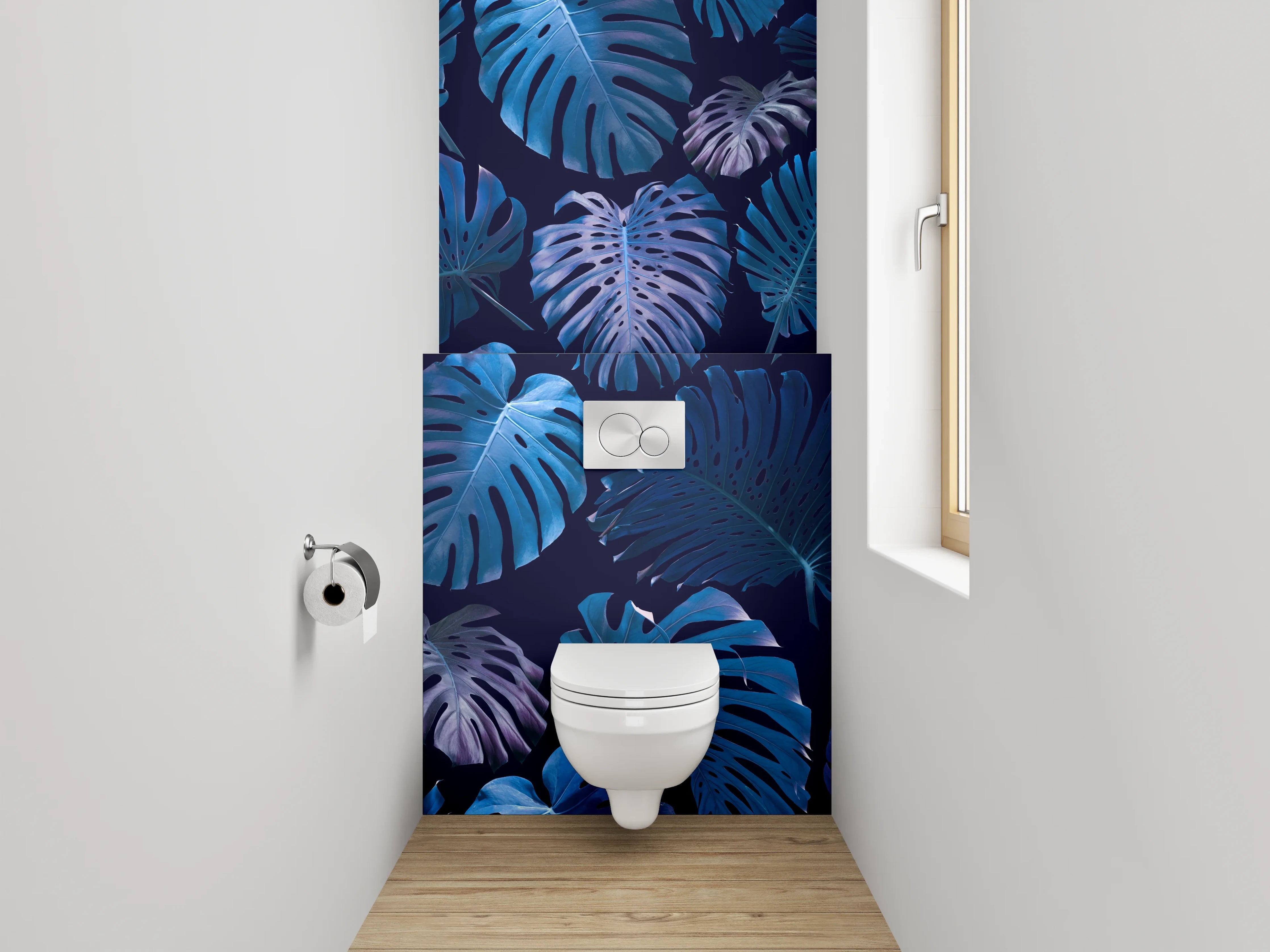 WC-Rückwand - Tropische Monstera Blätter Blau Design