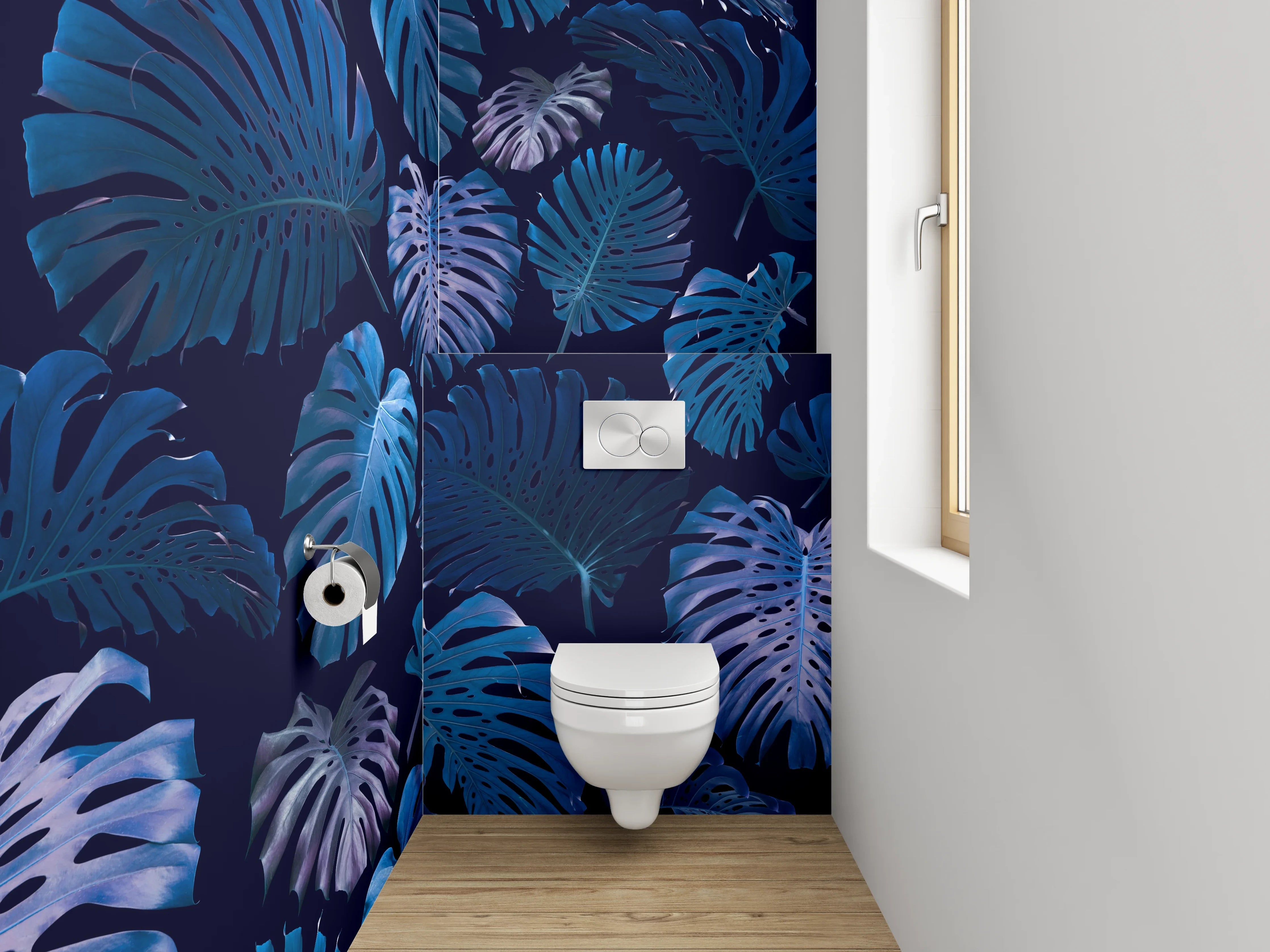 WC-Rückwand - Tropische Monstera Blätter Blau Design