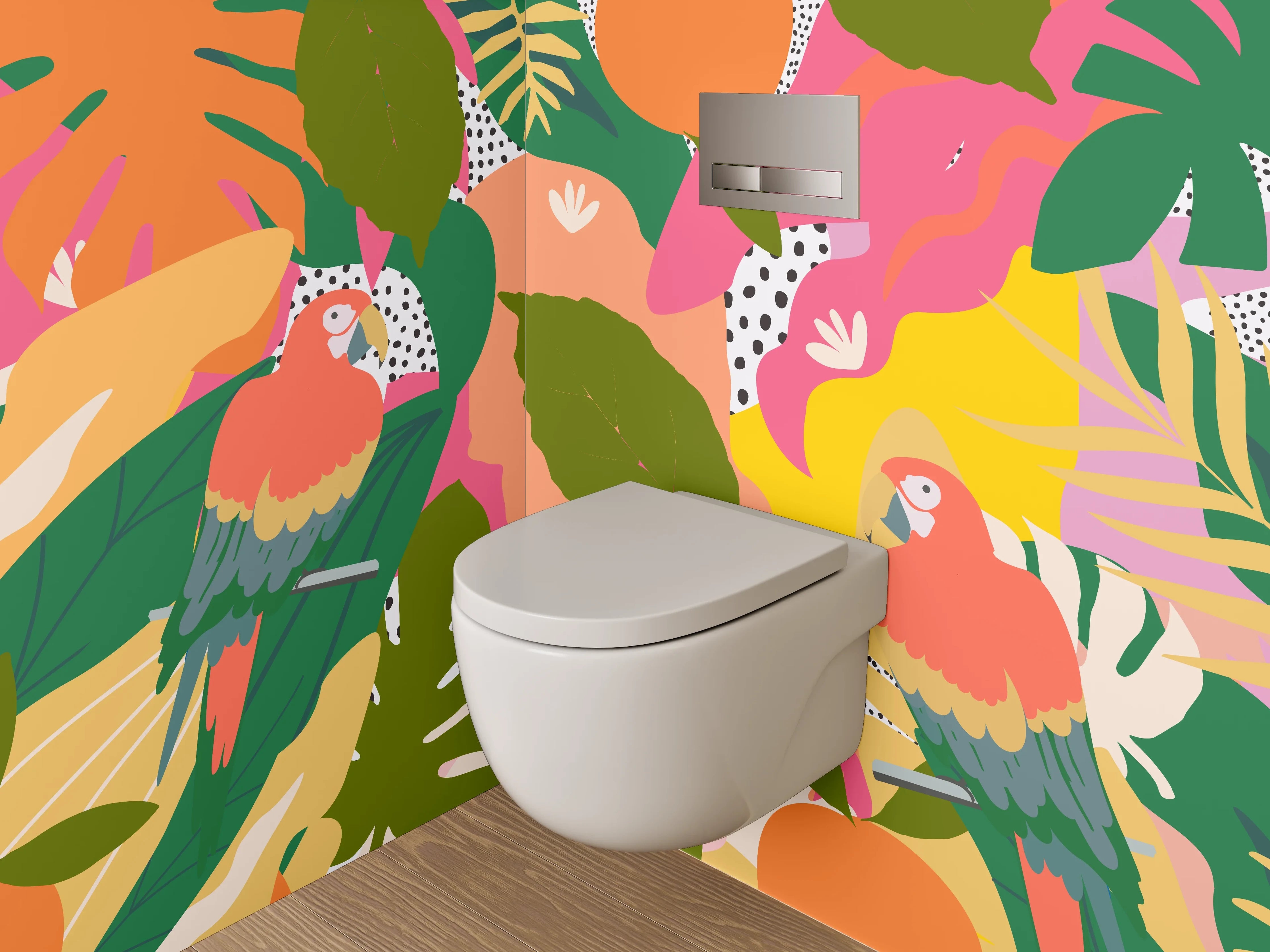WC-Rückwand - Tropische Papageien-Illustration Dschungelwildnis