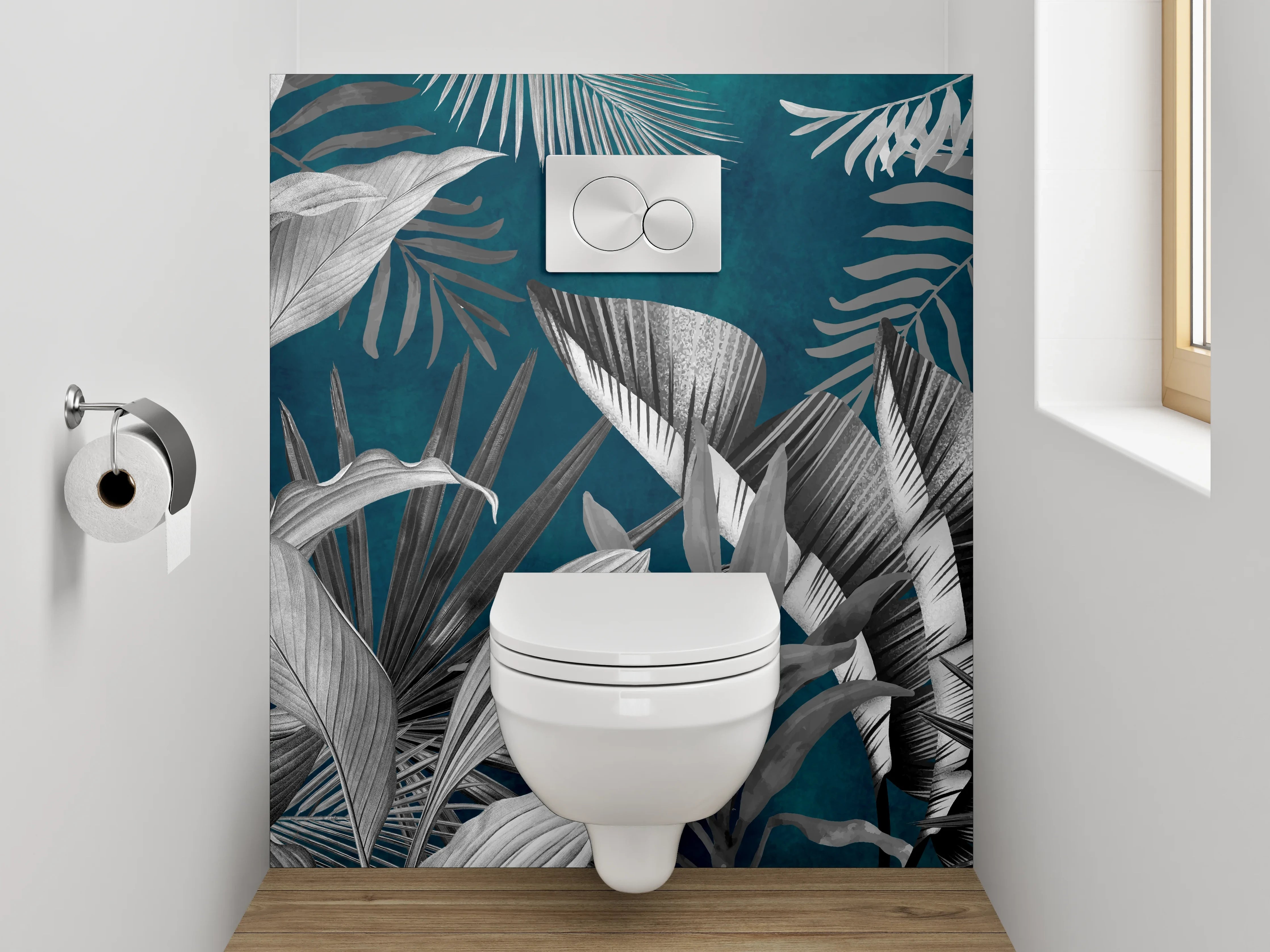 WC-Rückwand - Tropische Pflanzen Schwarz-Weiß auf Blau