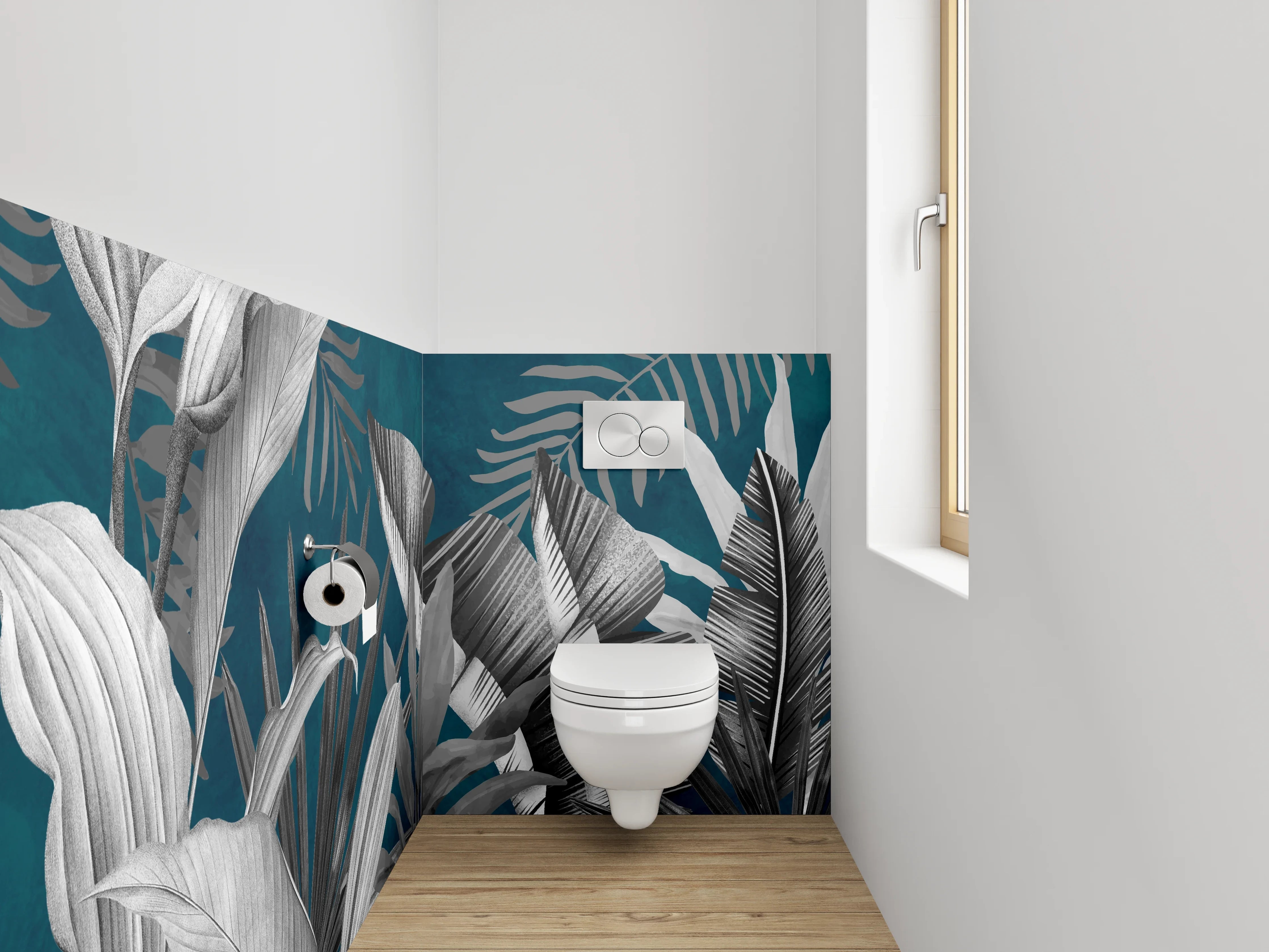 WC-Rückwand - Tropische Pflanzen Schwarz-Weiß auf Blau