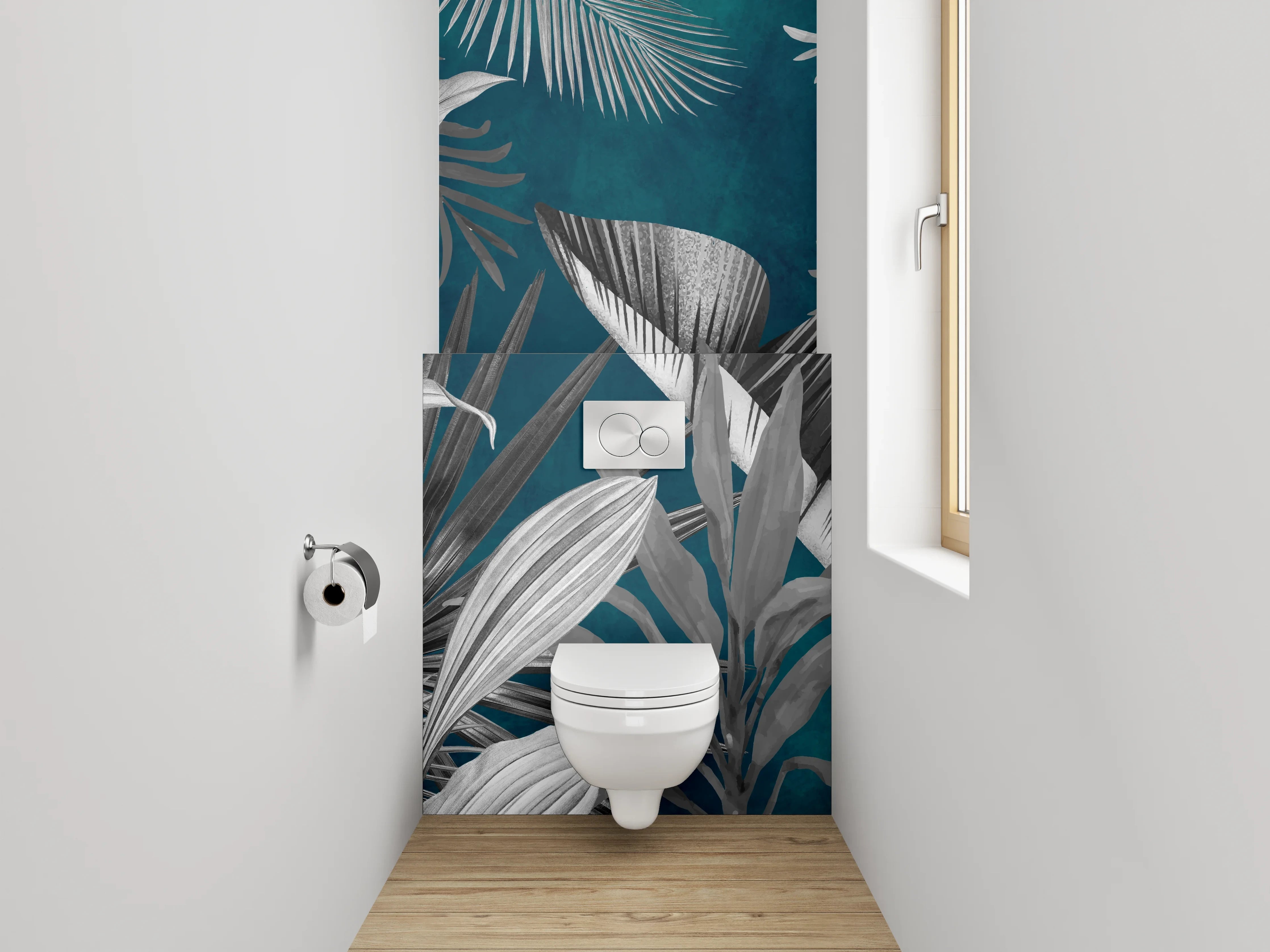 WC-Rückwand - Tropische Pflanzen Schwarz-Weiß auf Blau