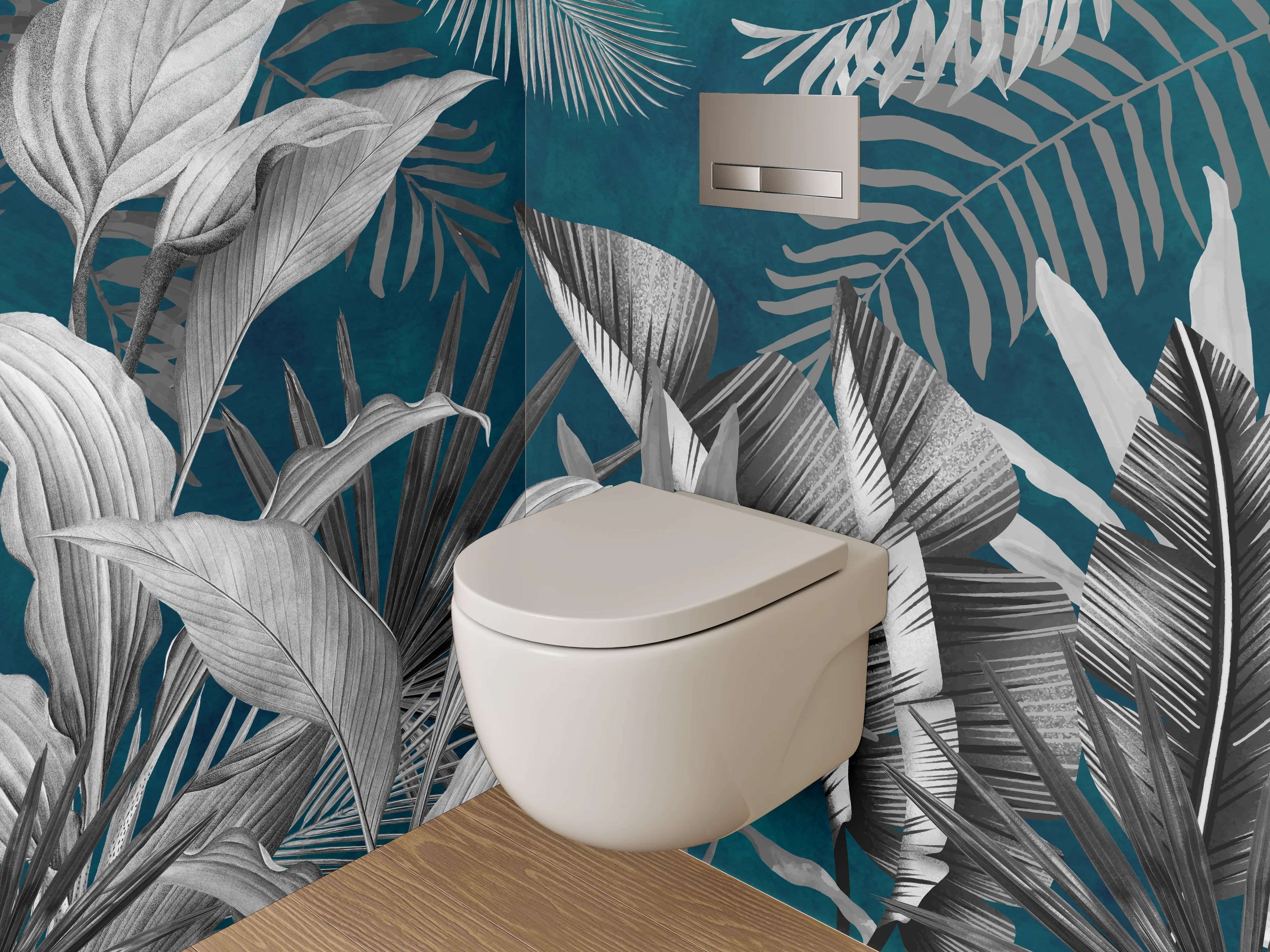 WC-Rückwand - Tropische Pflanzen Schwarz-Weiß auf Blau