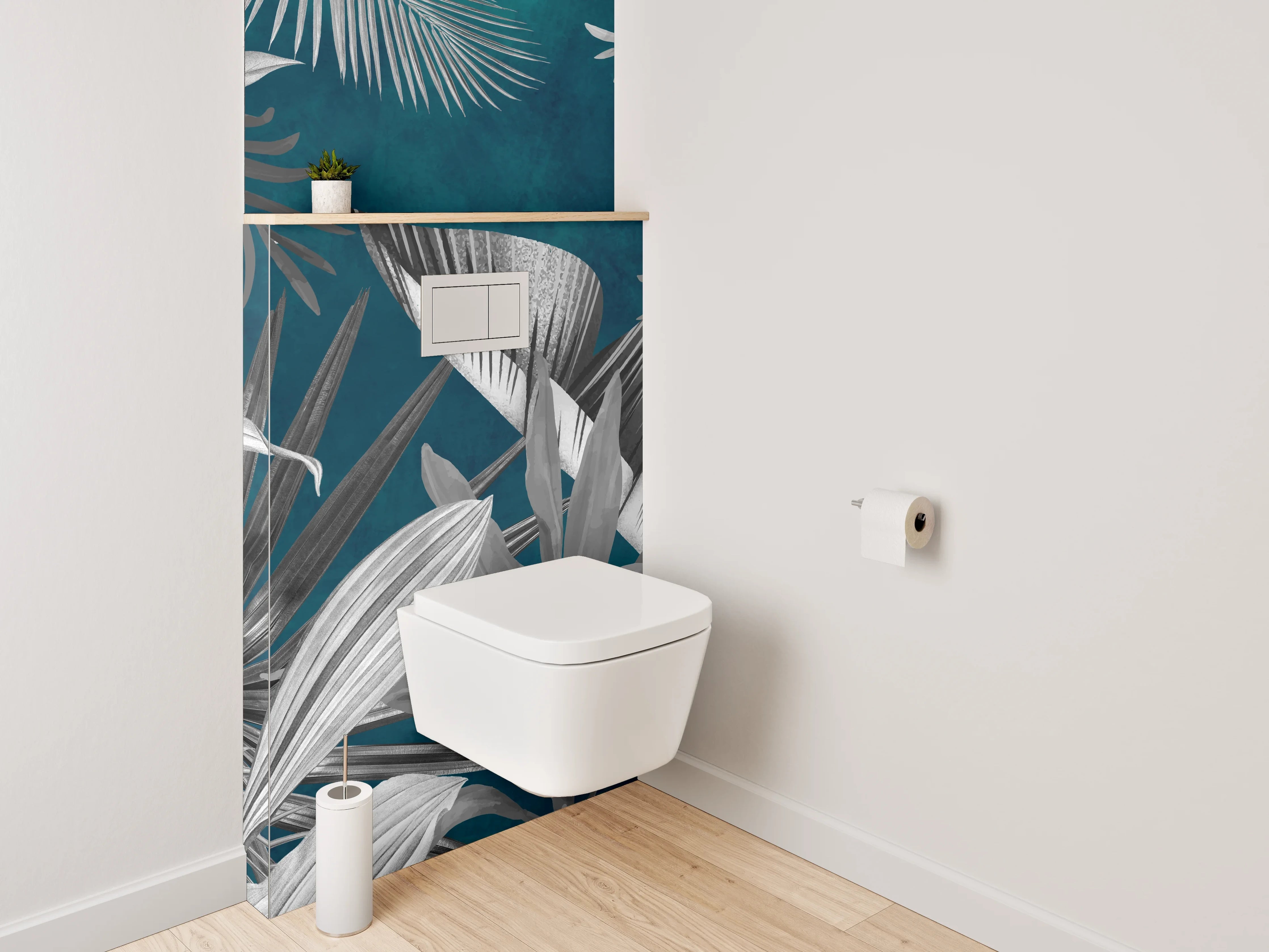 WC-Rückwand - Tropische Pflanzen Schwarz-Weiß auf Blau