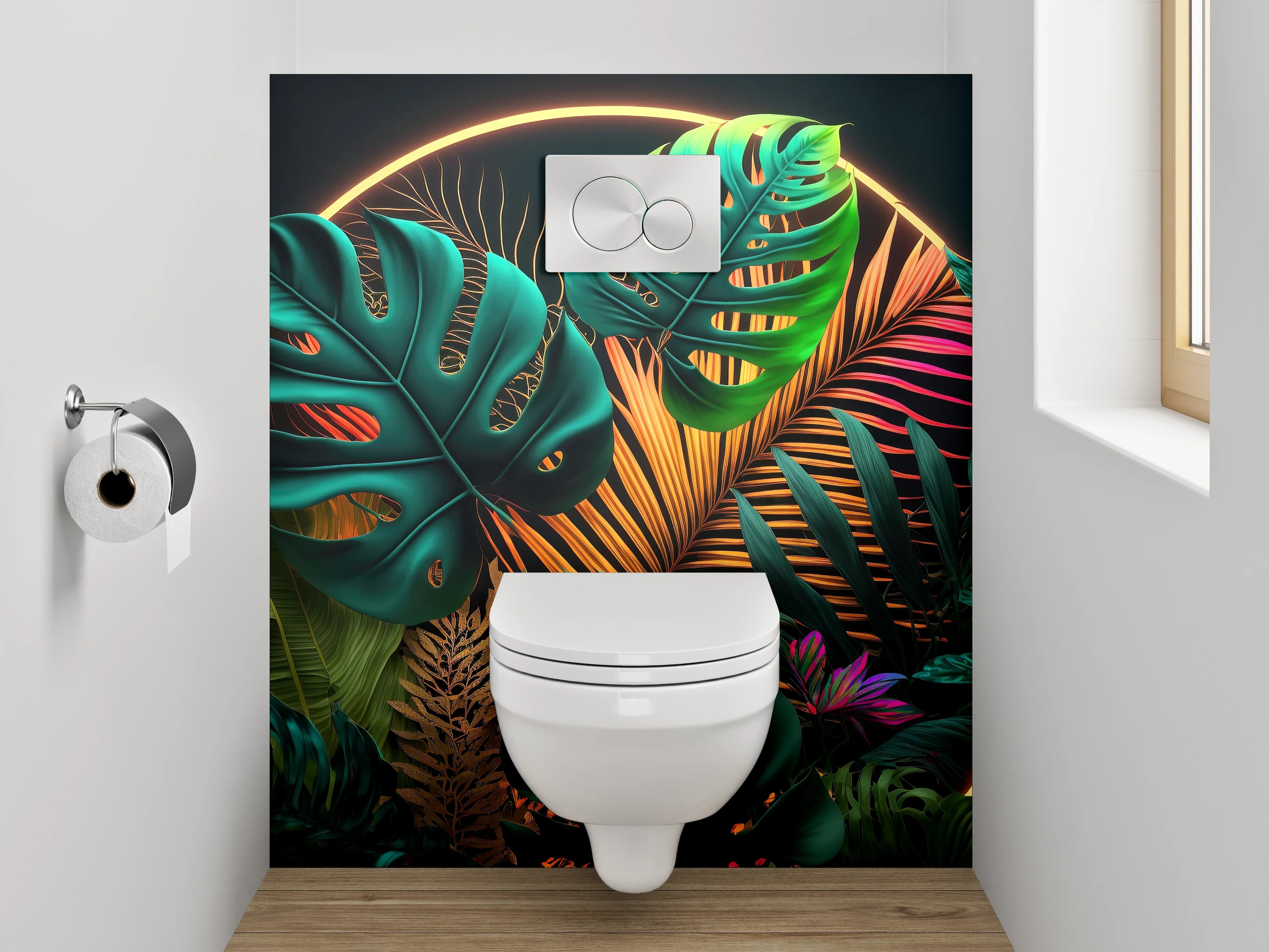 WC-Rückwand - Tropische Pflanzen im Neon-Licht