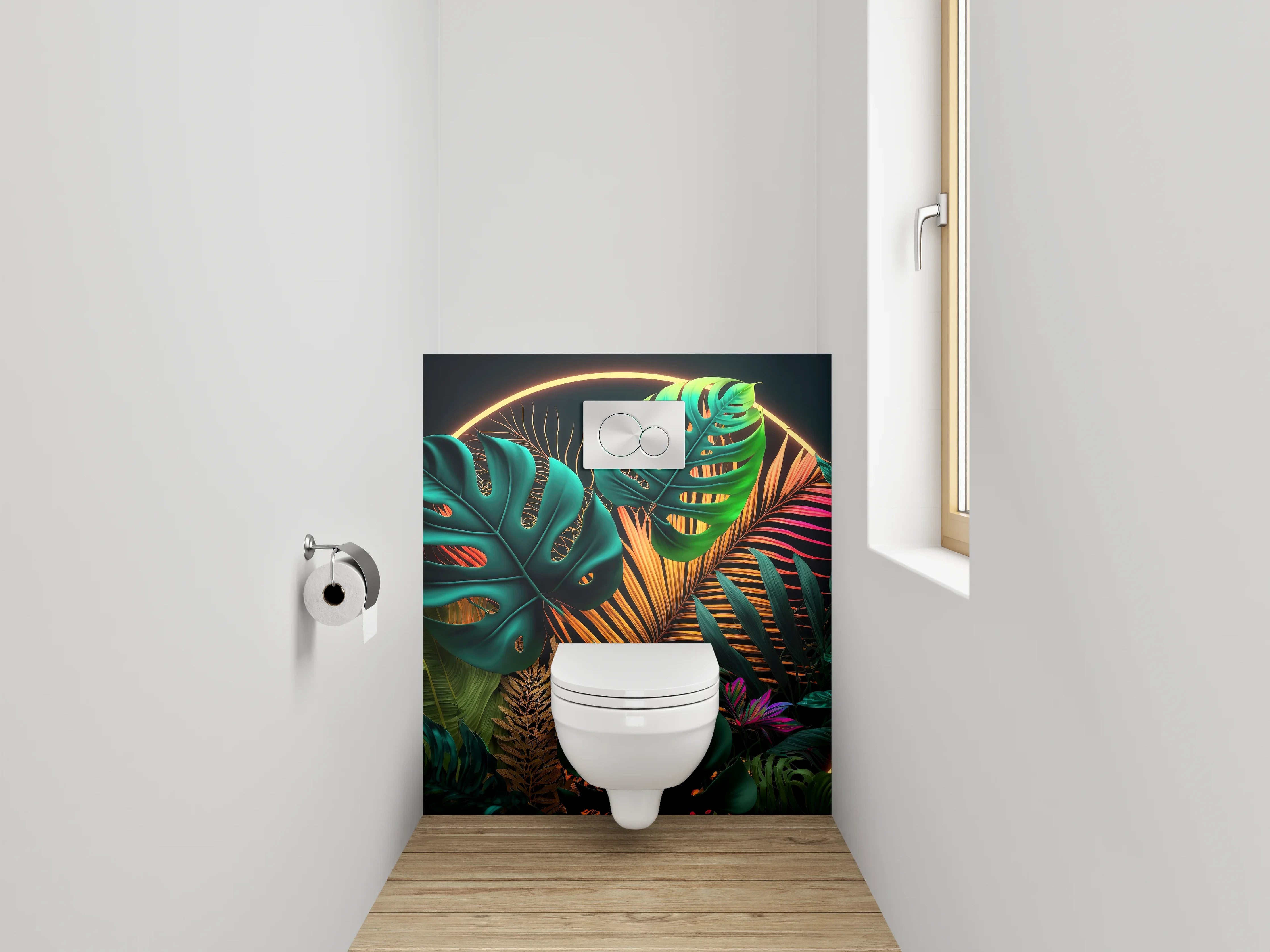 WC-Rückwand - Tropische Pflanzen im Neon-Licht
