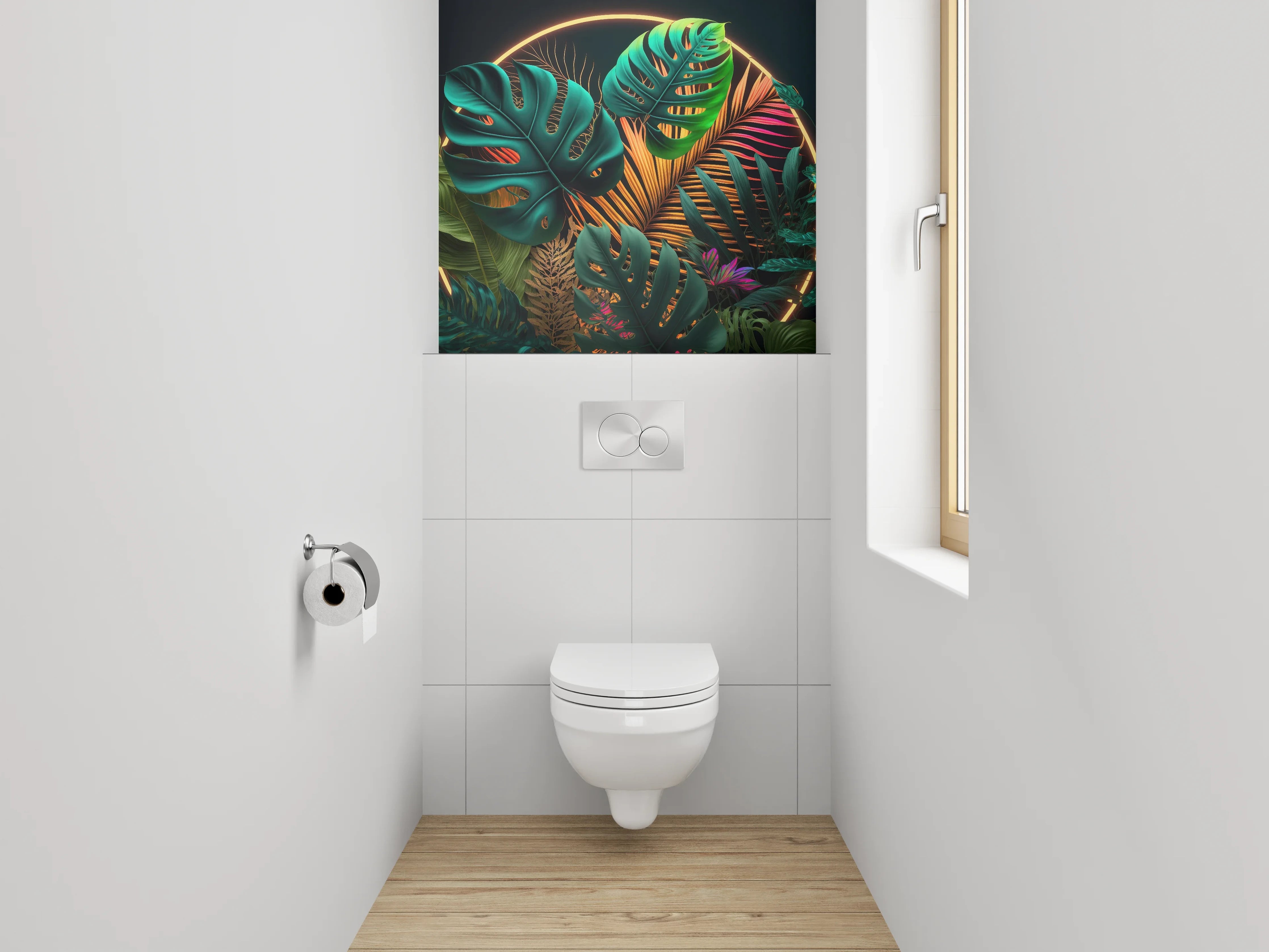 WC-Rückwand - Tropische Pflanzen im Neon-Licht