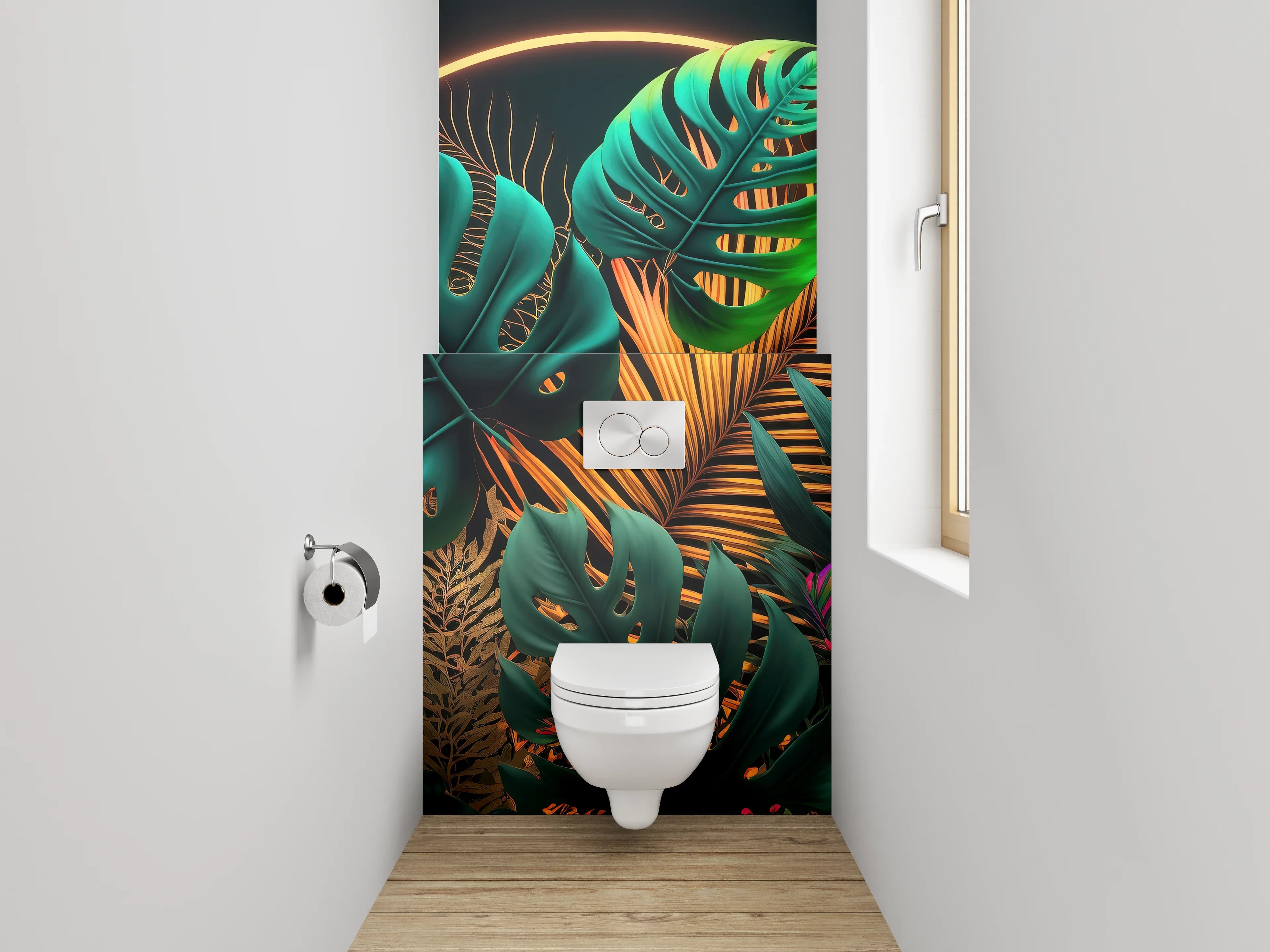 WC-Rückwand - Tropische Pflanzen im Neon-Licht
