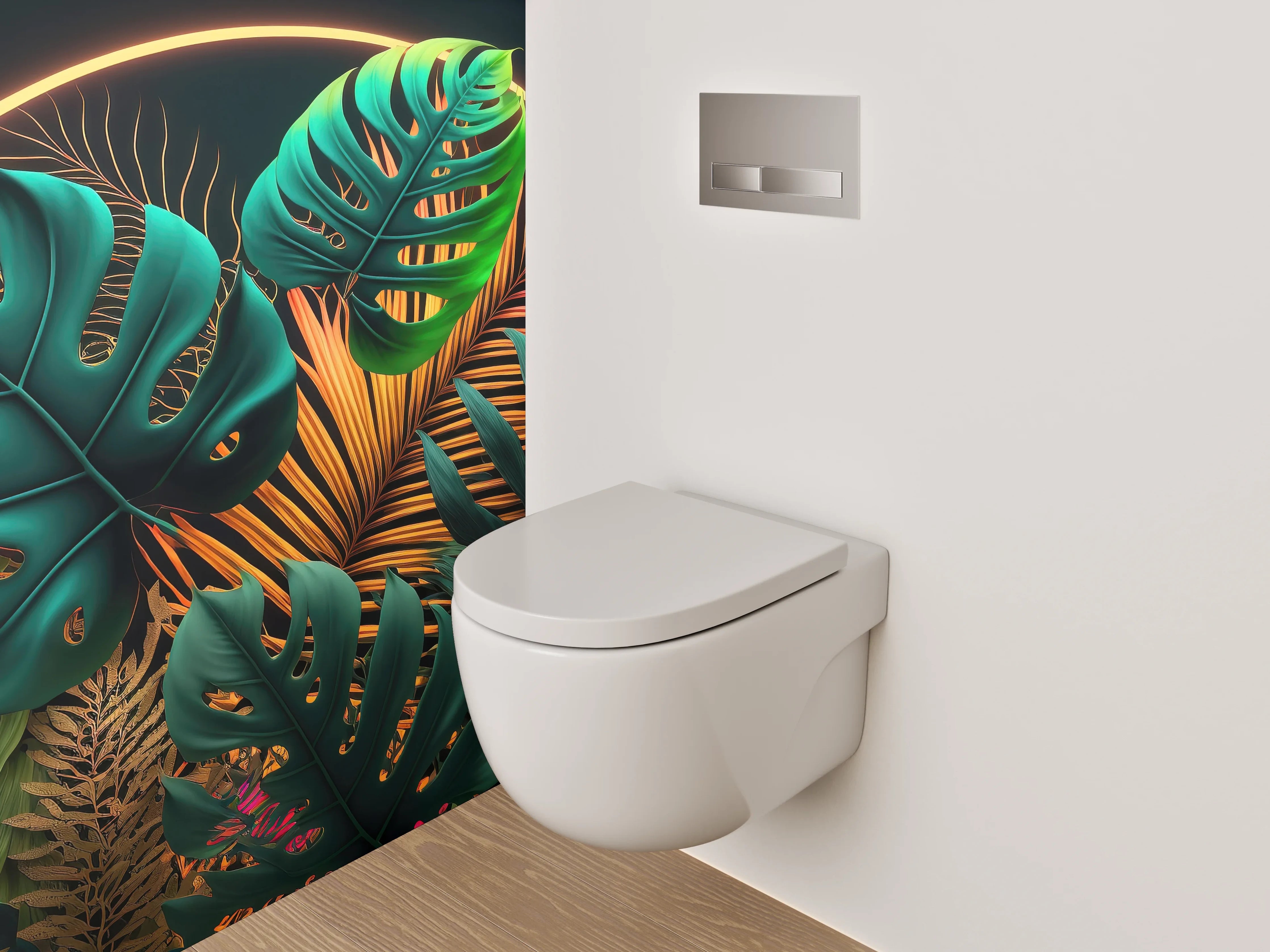 WC-Rückwand - Tropische Pflanzen im Neon-Licht