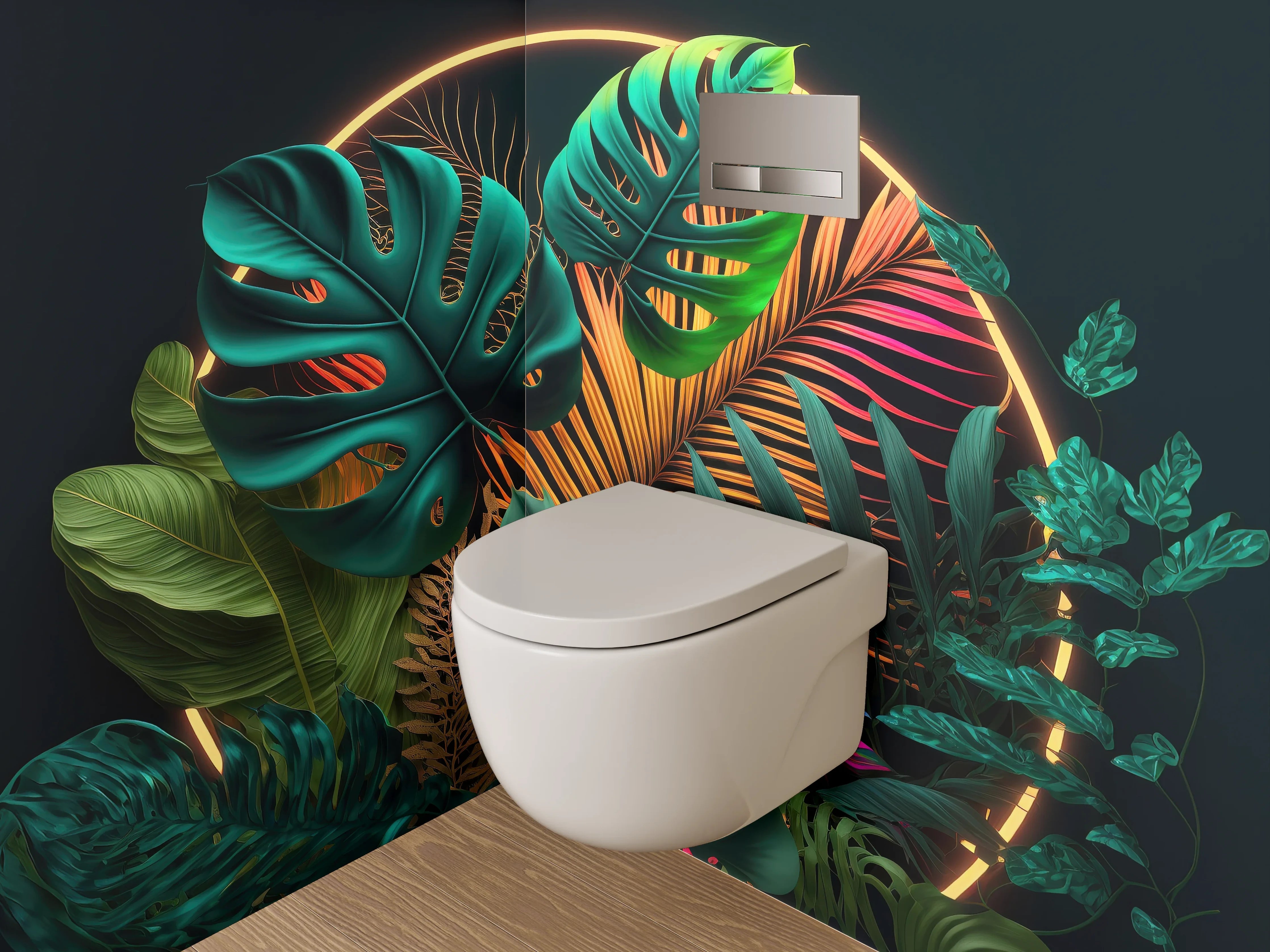 WC-Rückwand - Tropische Pflanzen im Neon-Licht