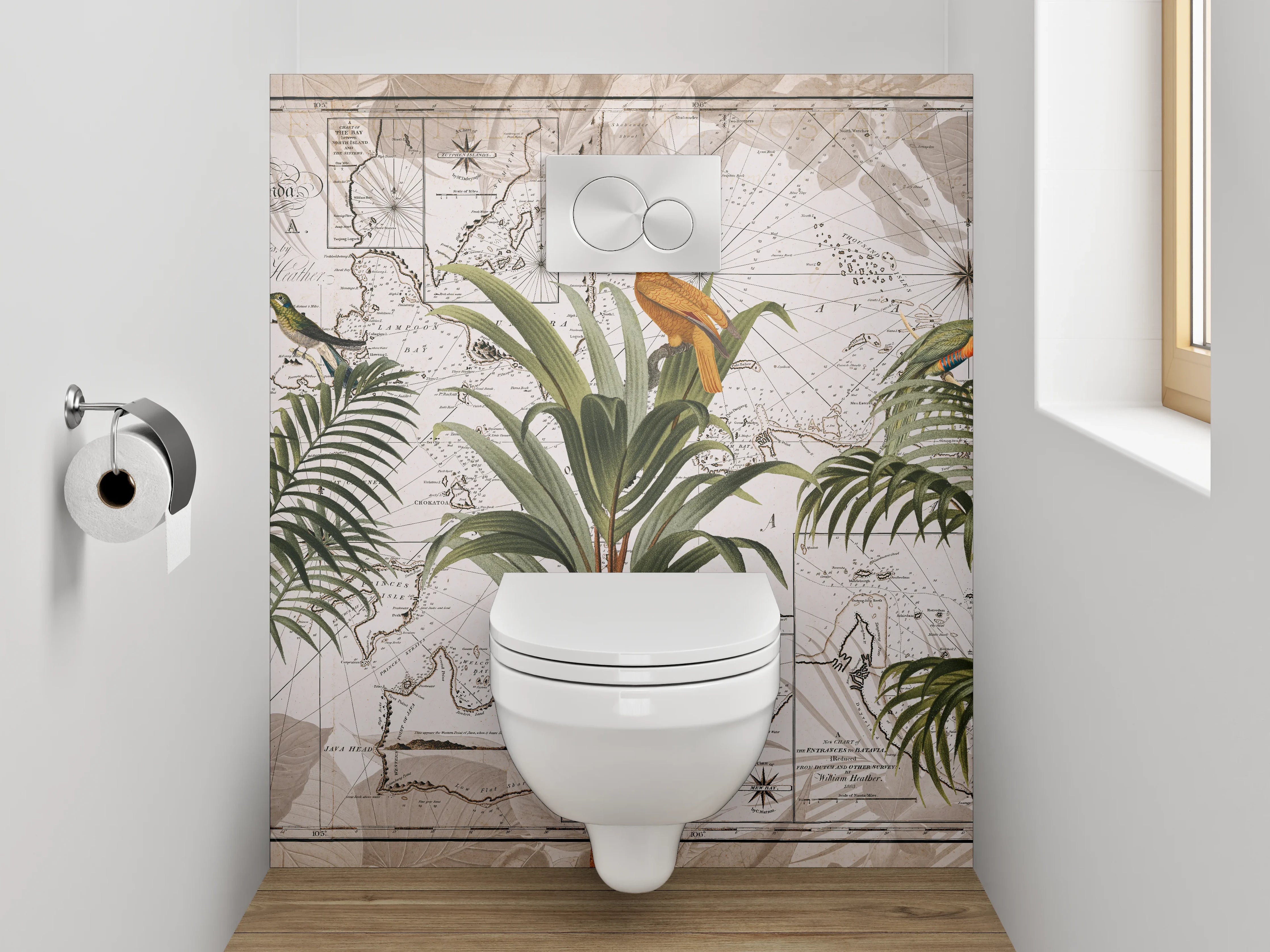 WC-Rückwand - Tropische Vögel auf Vintage-Weltkarte