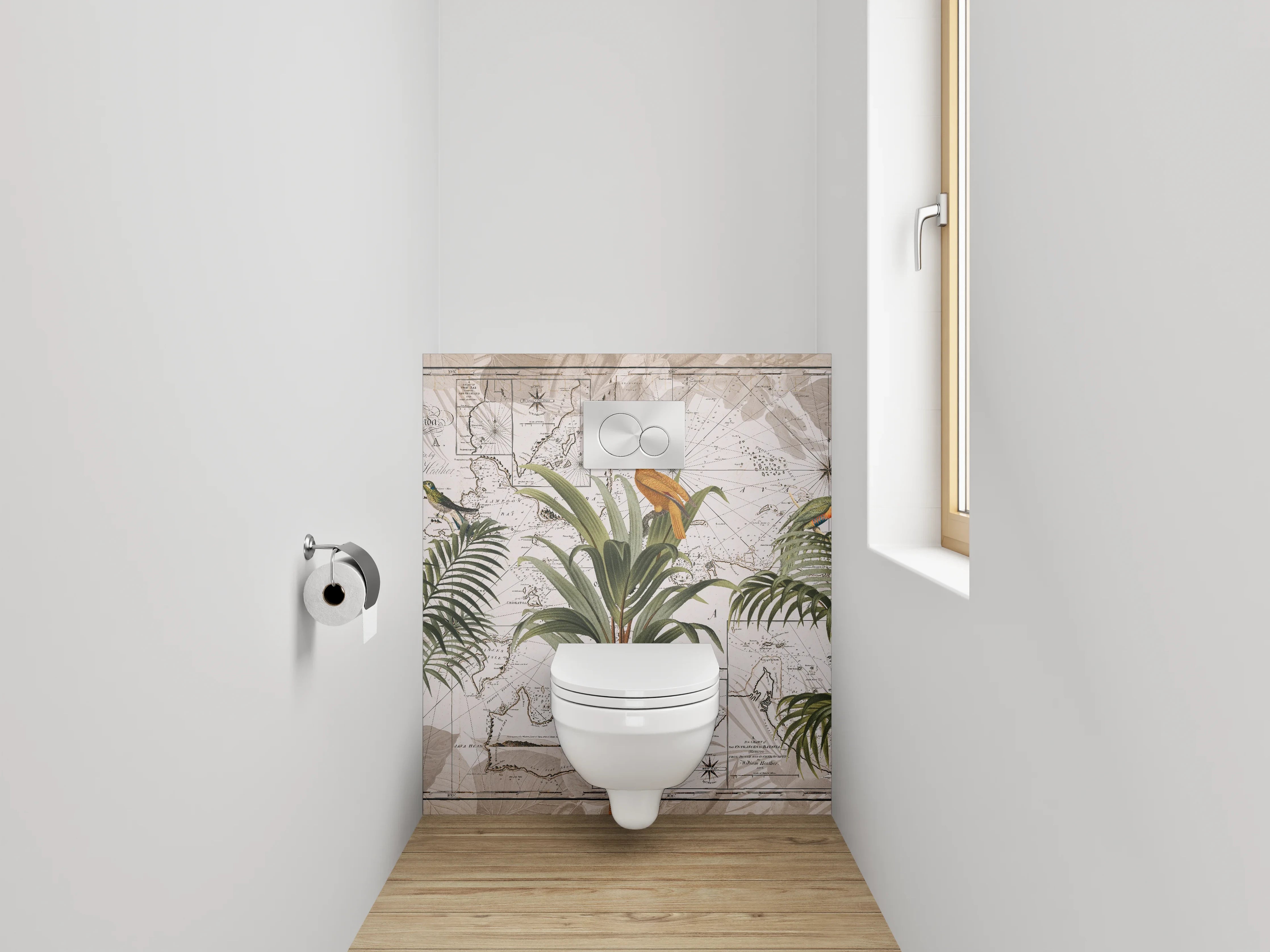 WC-Rückwand - Tropische Vögel auf Vintage-Weltkarte