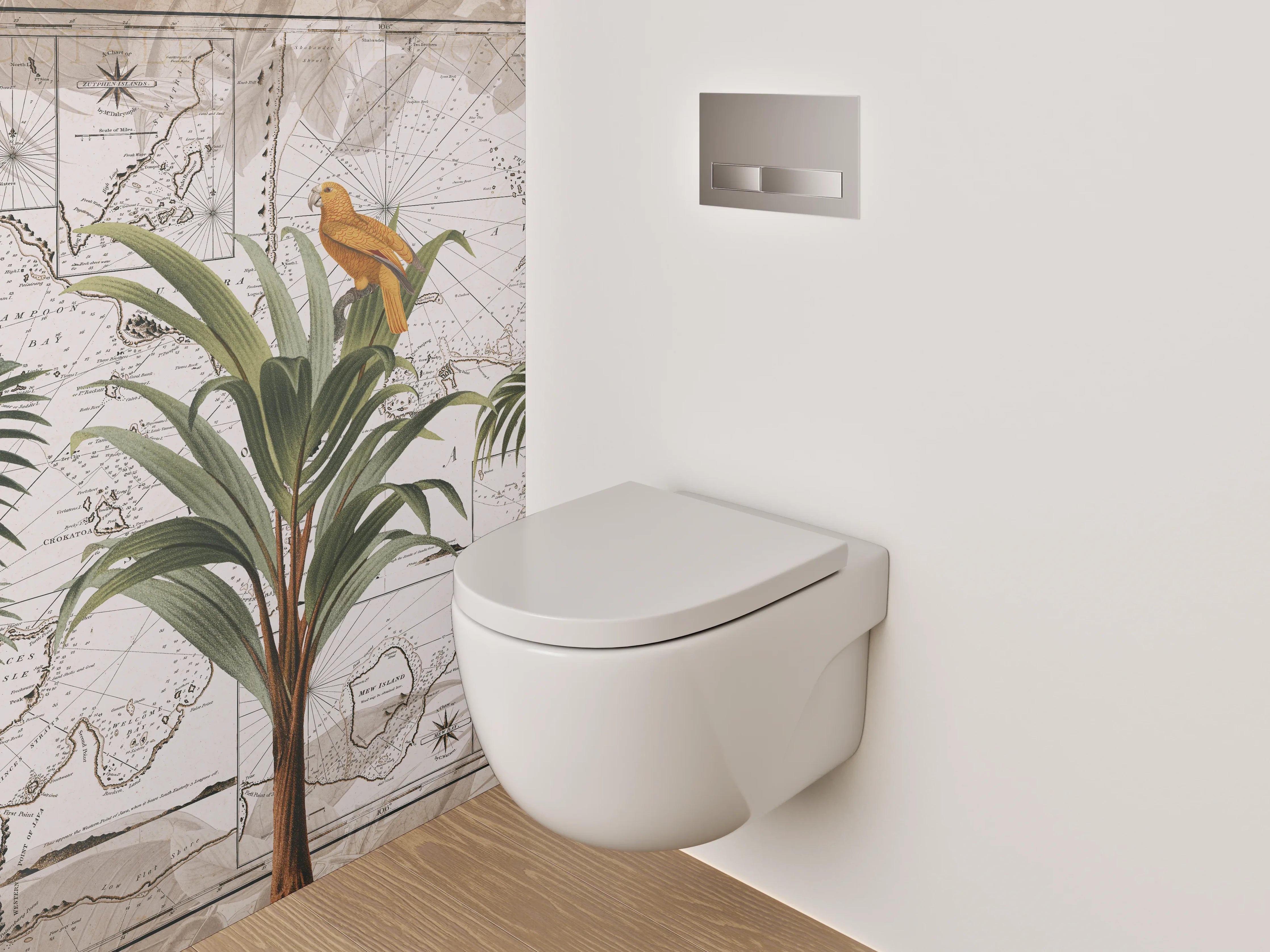 WC-Rückwand - Tropische Vögel auf Vintage-Weltkarte