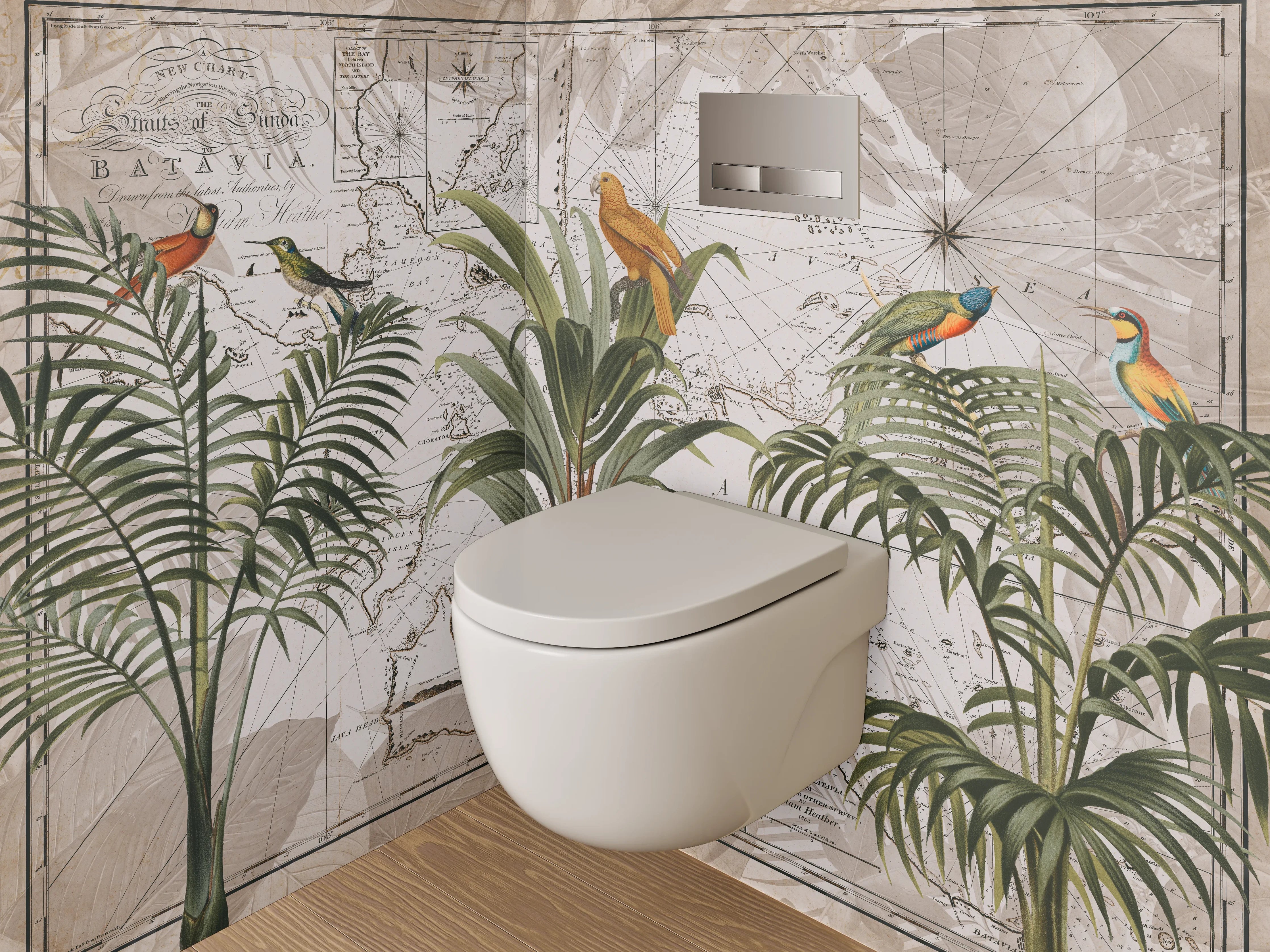 WC-Rückwand - Tropische Vögel auf Vintage-Weltkarte