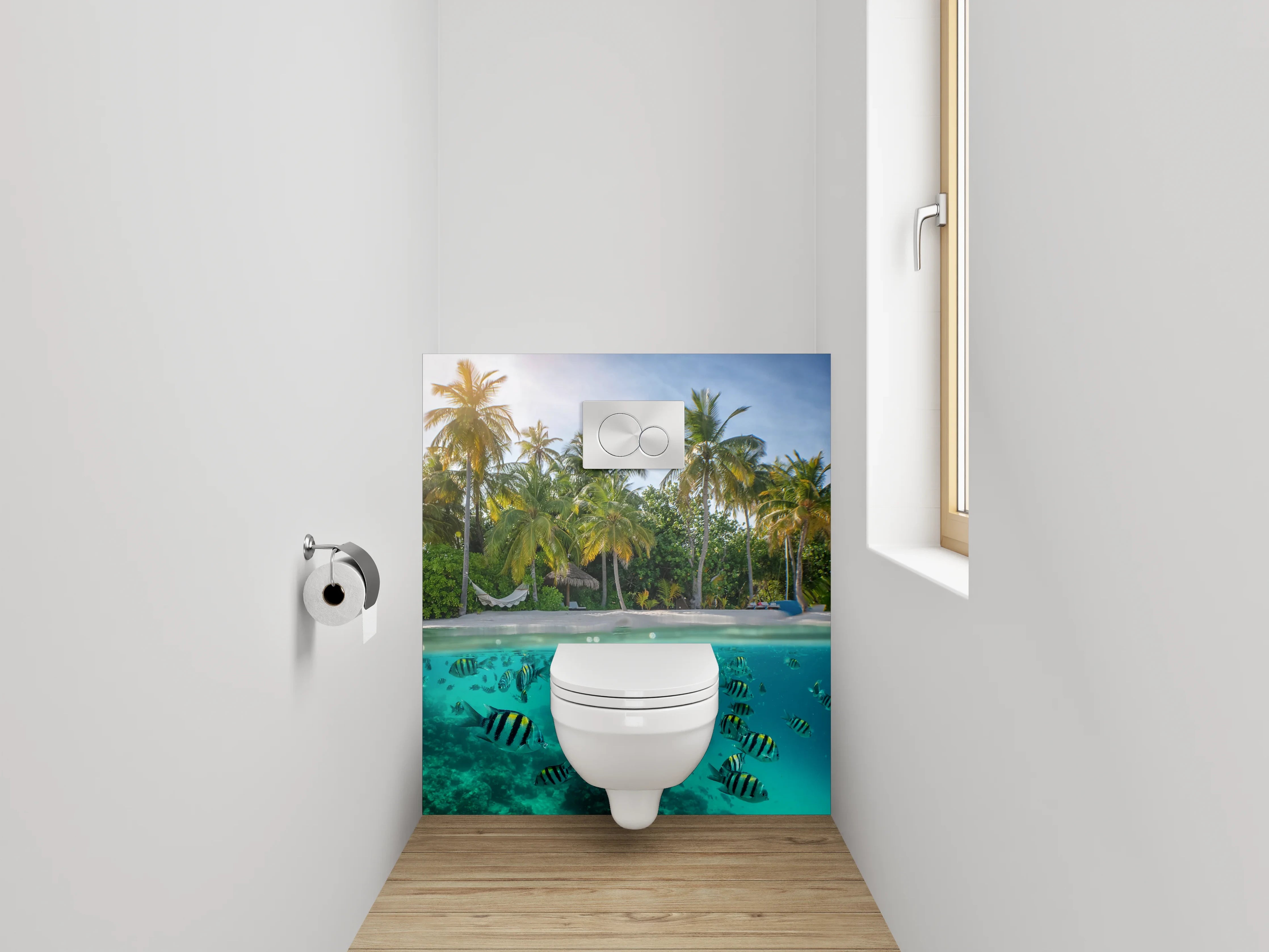 WC-Rückwand - Tropischer Strand mit Fischen