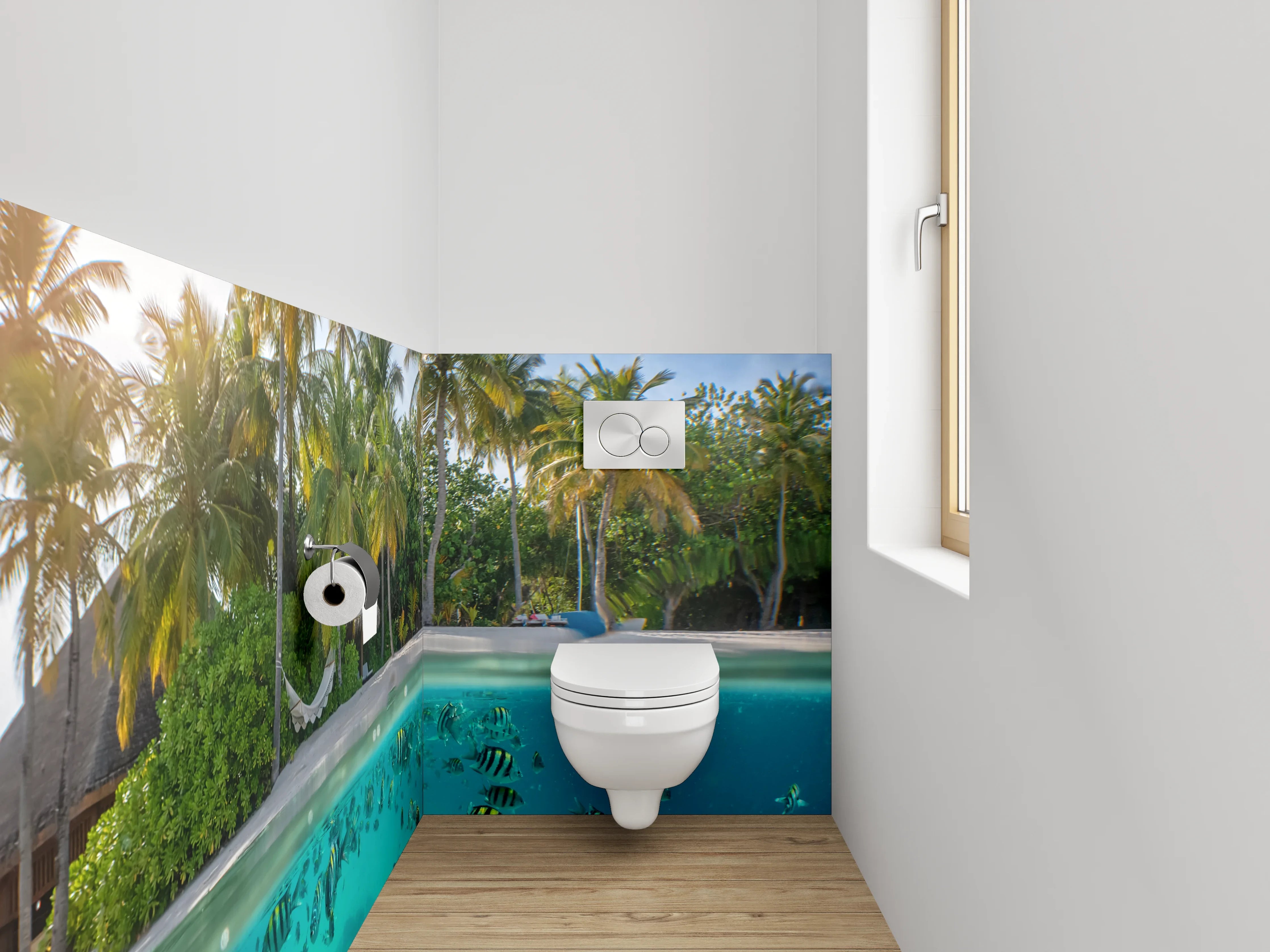 WC-Rückwand - Tropischer Strand mit Fischen