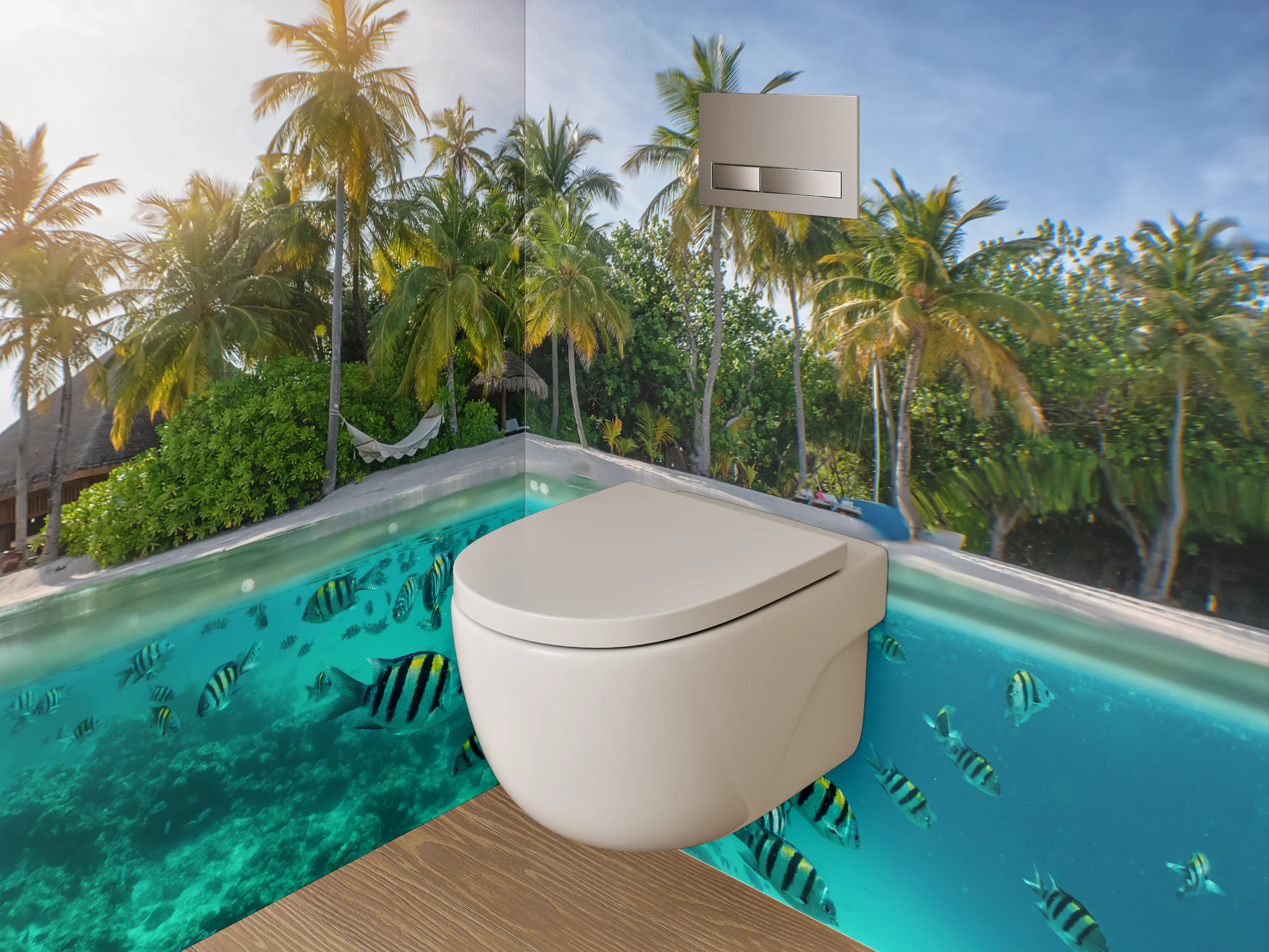 WC-Rückwand - Tropischer Strand mit Fischen