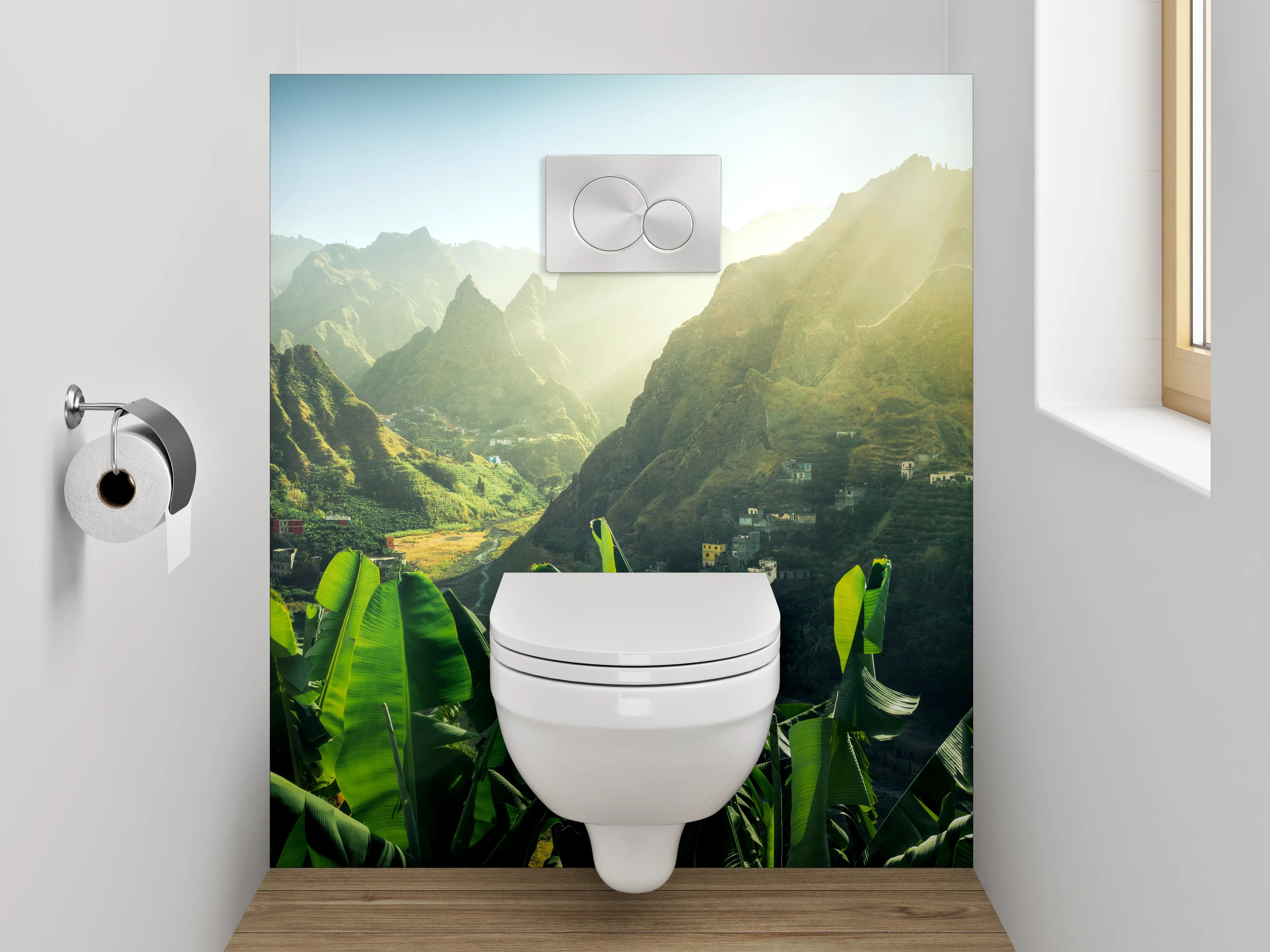 WC-Rückwand - Tropisches Bergtal Landschaft Sonnenstrahlen
