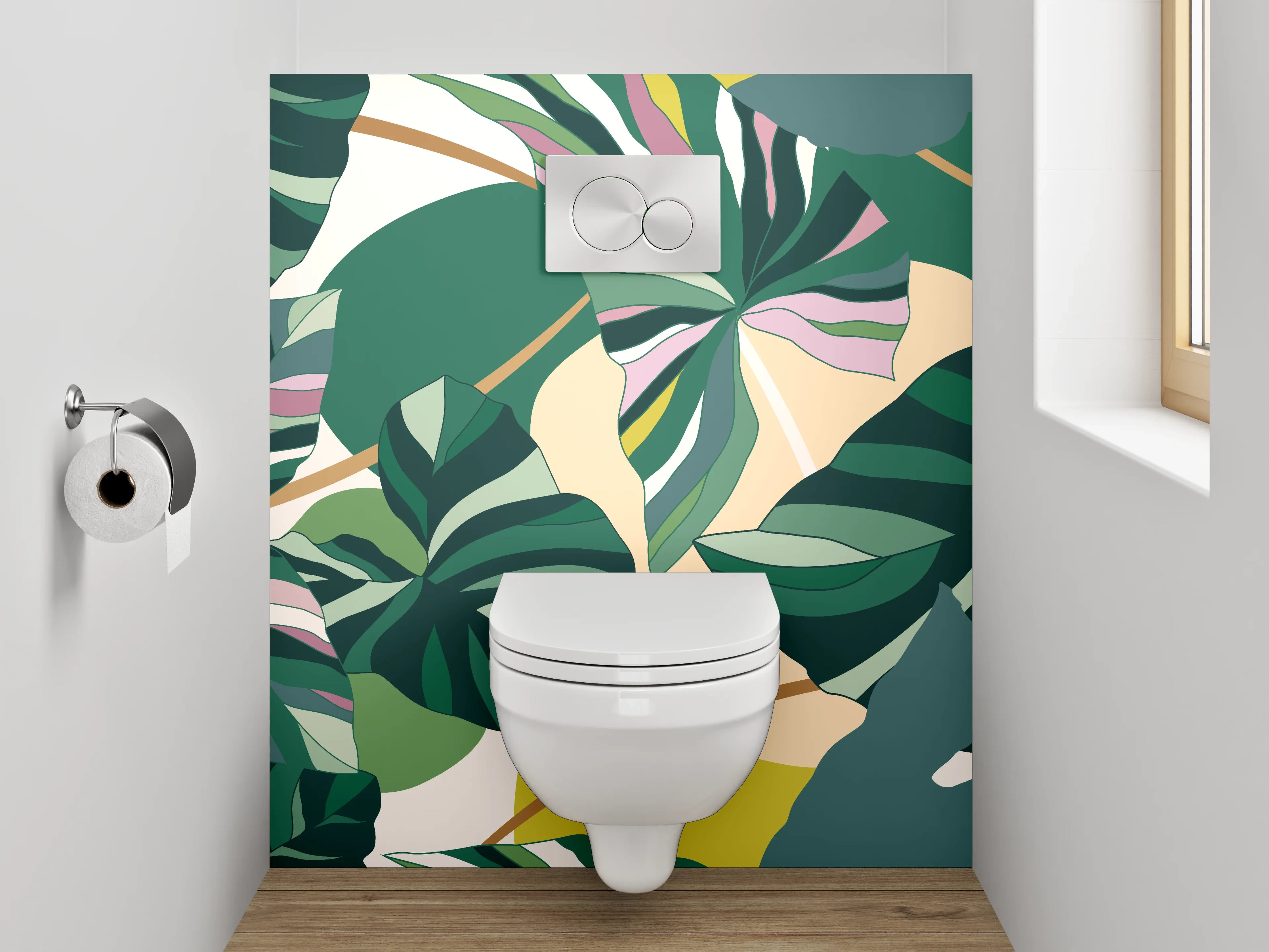 WC-Rückwand - Tropisches Blätter-Design Grün Rosa