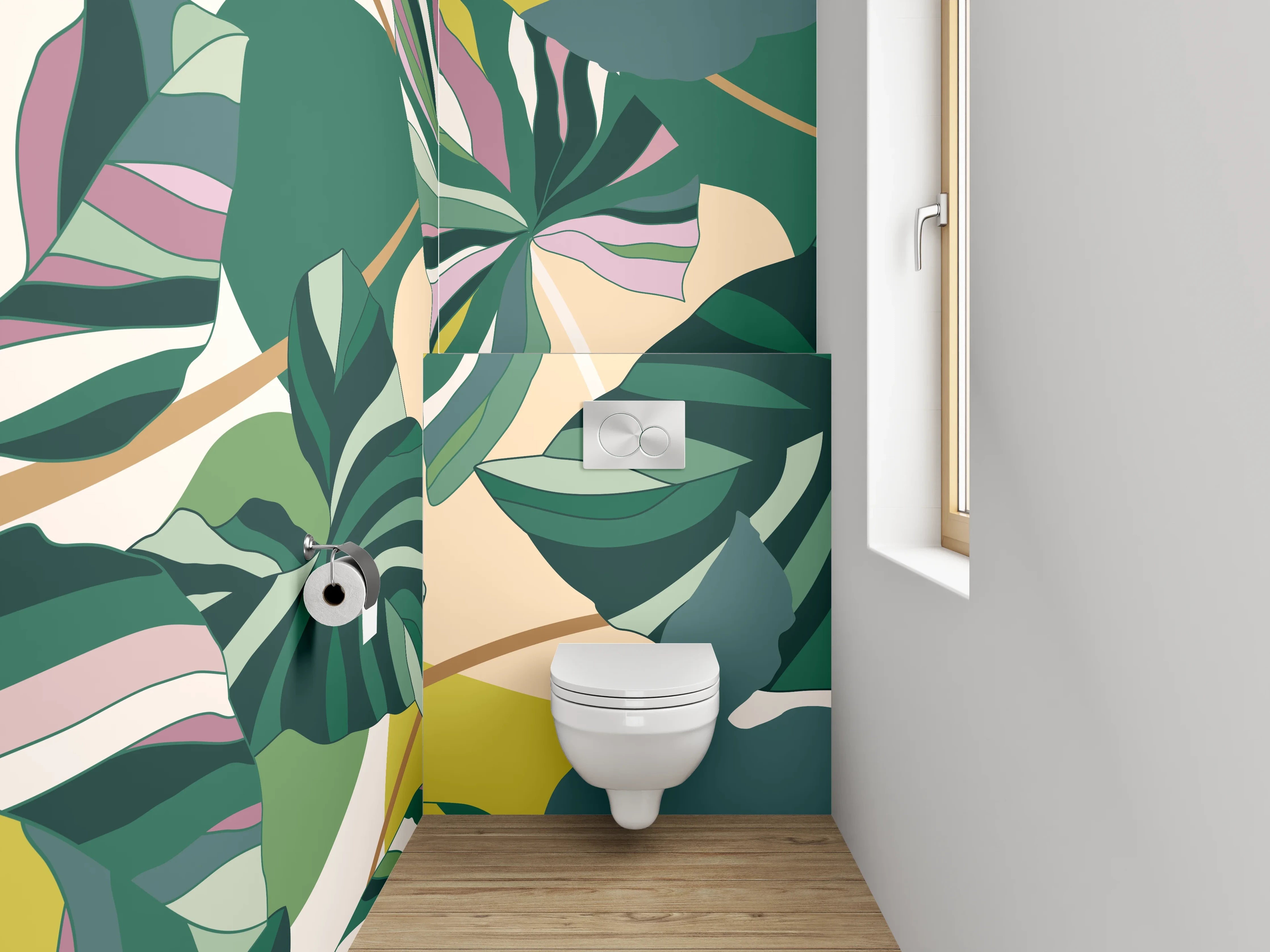 WC-Rückwand - Tropisches Blätter-Design Grün Rosa