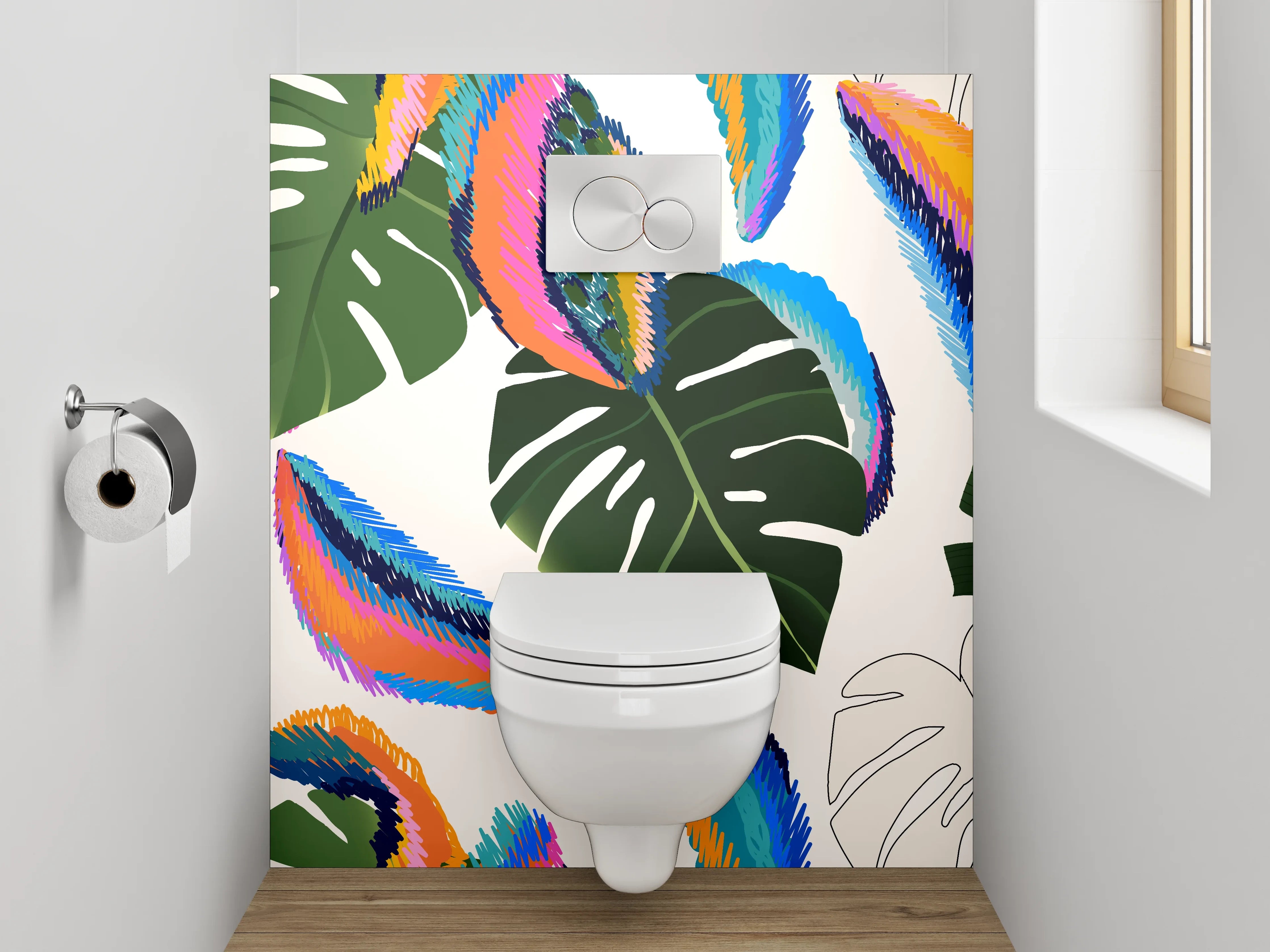 WC-Rückwand - Tropisches Blätterdesign in Aquarellfarben