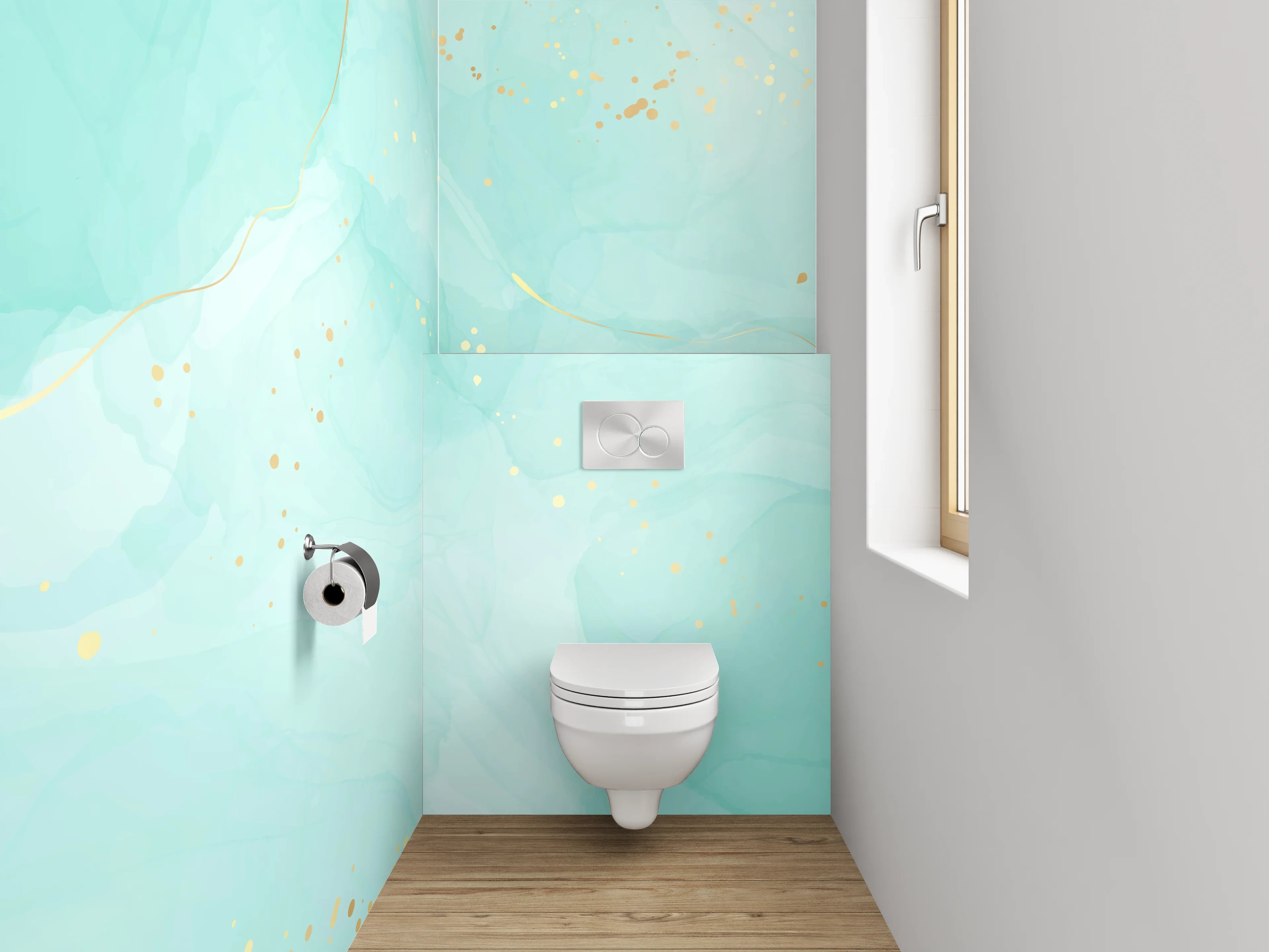 WC-Rückwand - Türkis Aquarell Marmor mit Goldsprenkeln