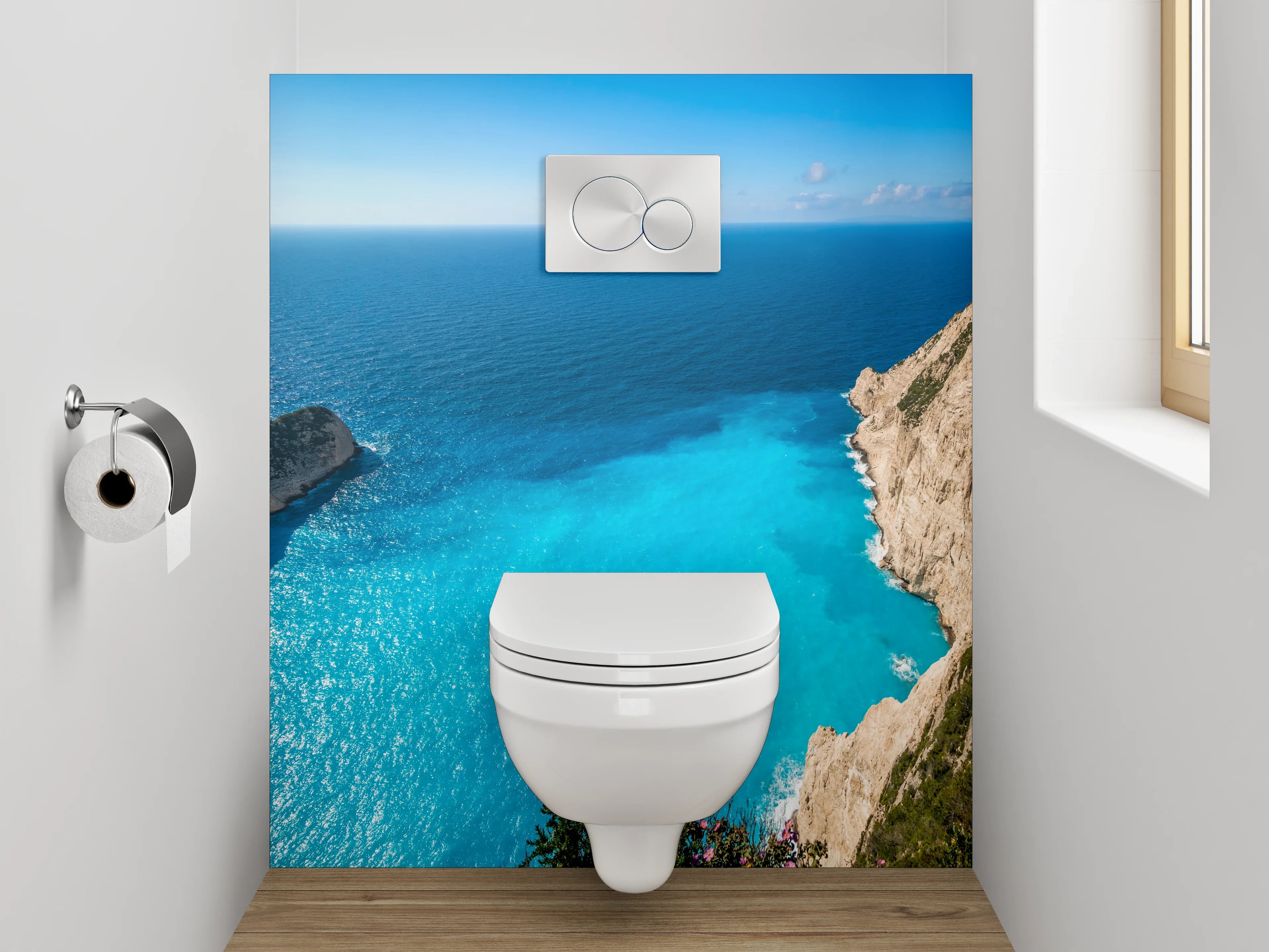 WC-Rückwand - Türkisblaues Meer und Felsküste