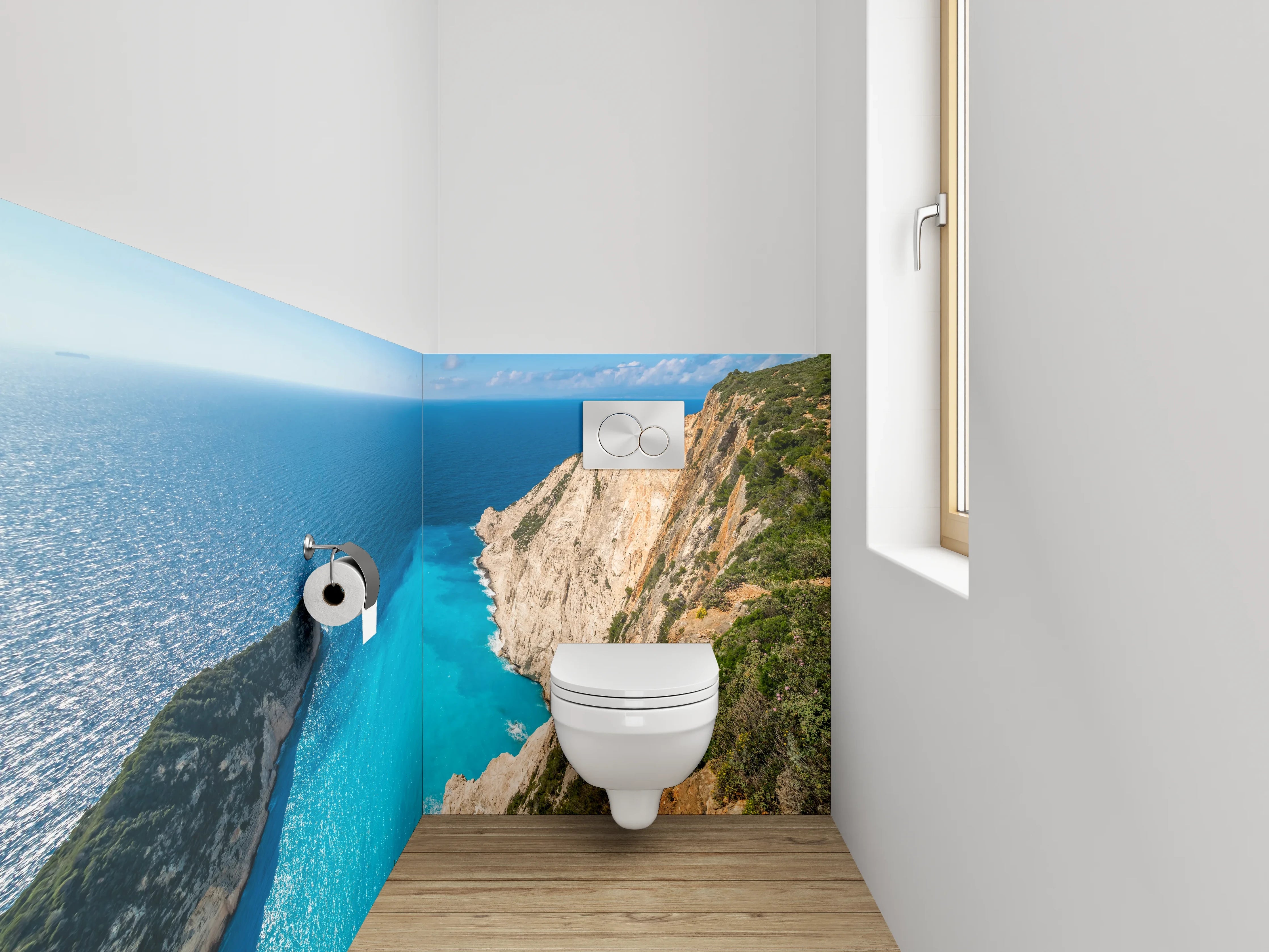 WC-Rückwand - Türkisblaues Meer und Felsküste