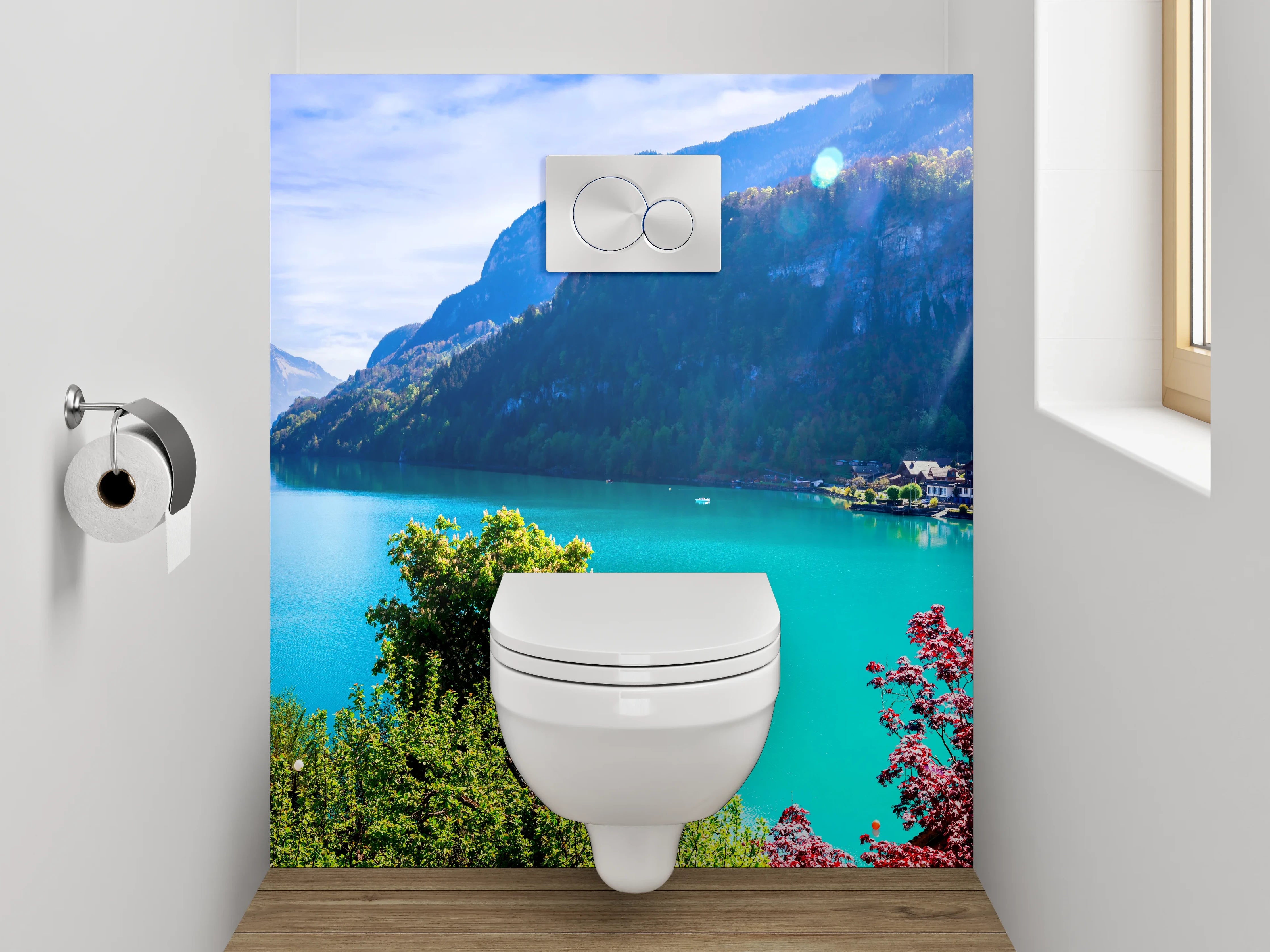 WC-Rückwand - Türkiser Bergsee mit Villa