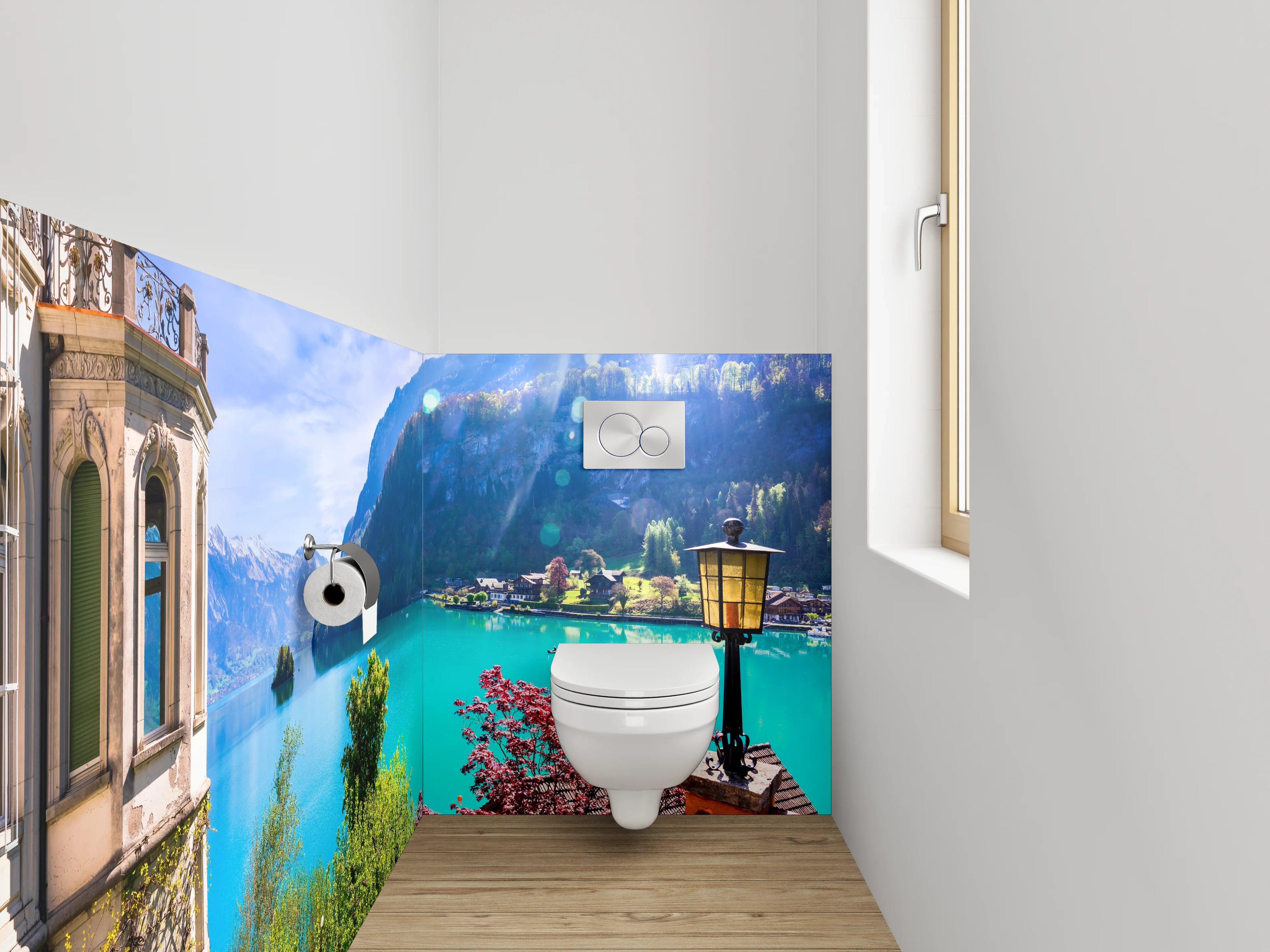 WC-Rückwand - Türkiser Bergsee mit Villa