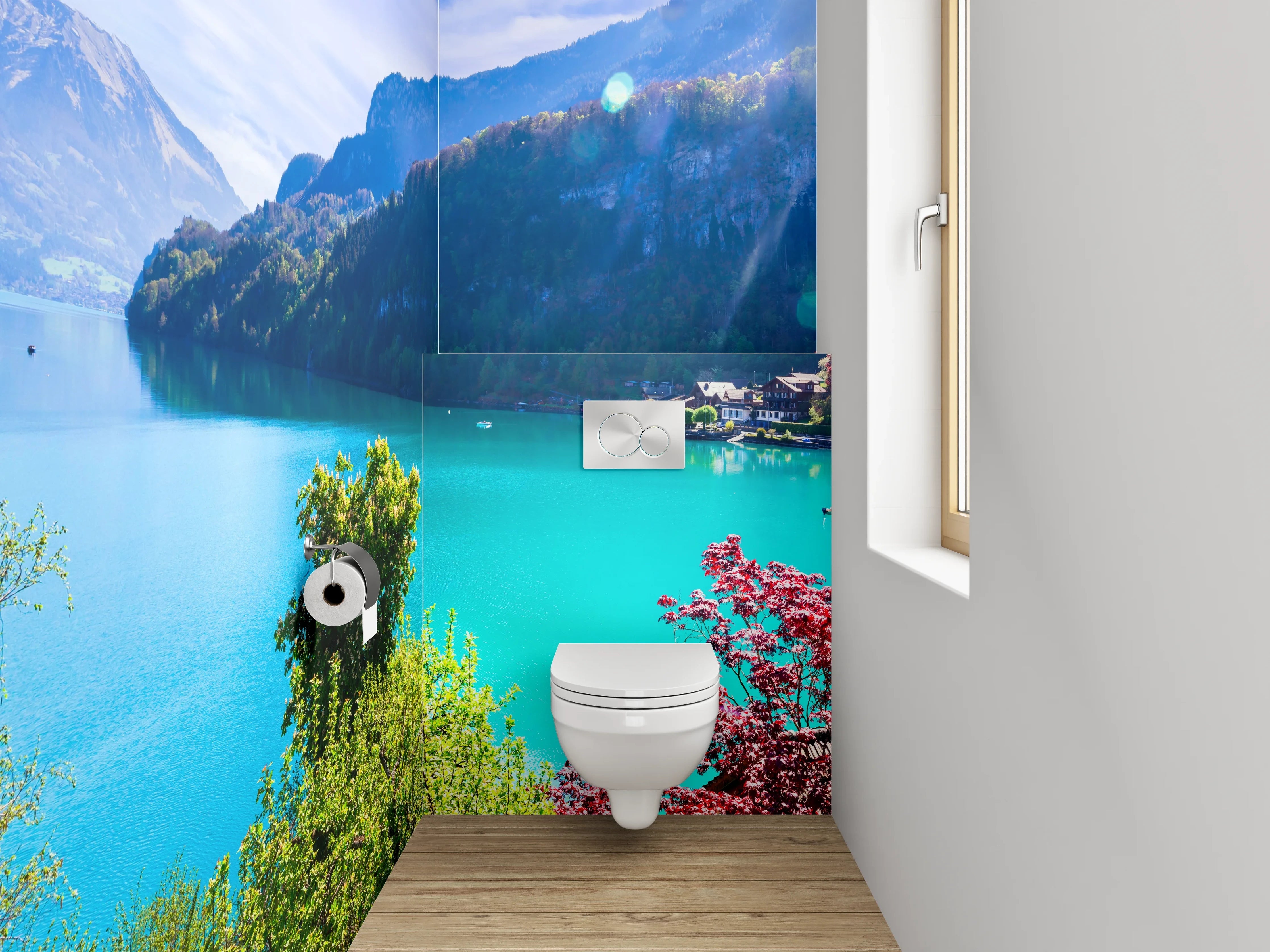 WC-Rückwand - Türkiser Bergsee mit Villa