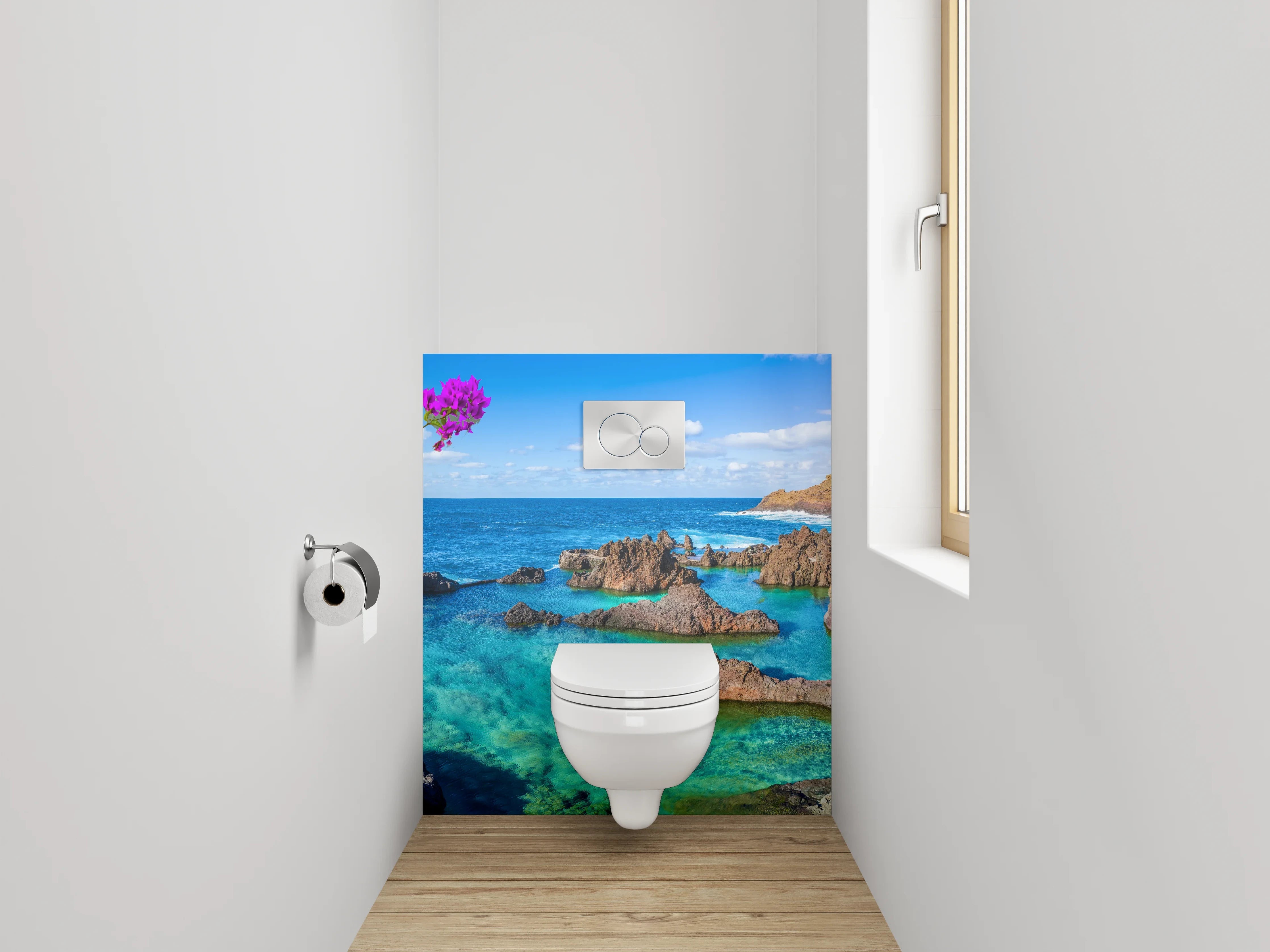 WC-Rückwand - Türkisklares Meer, Blumen & Felsen