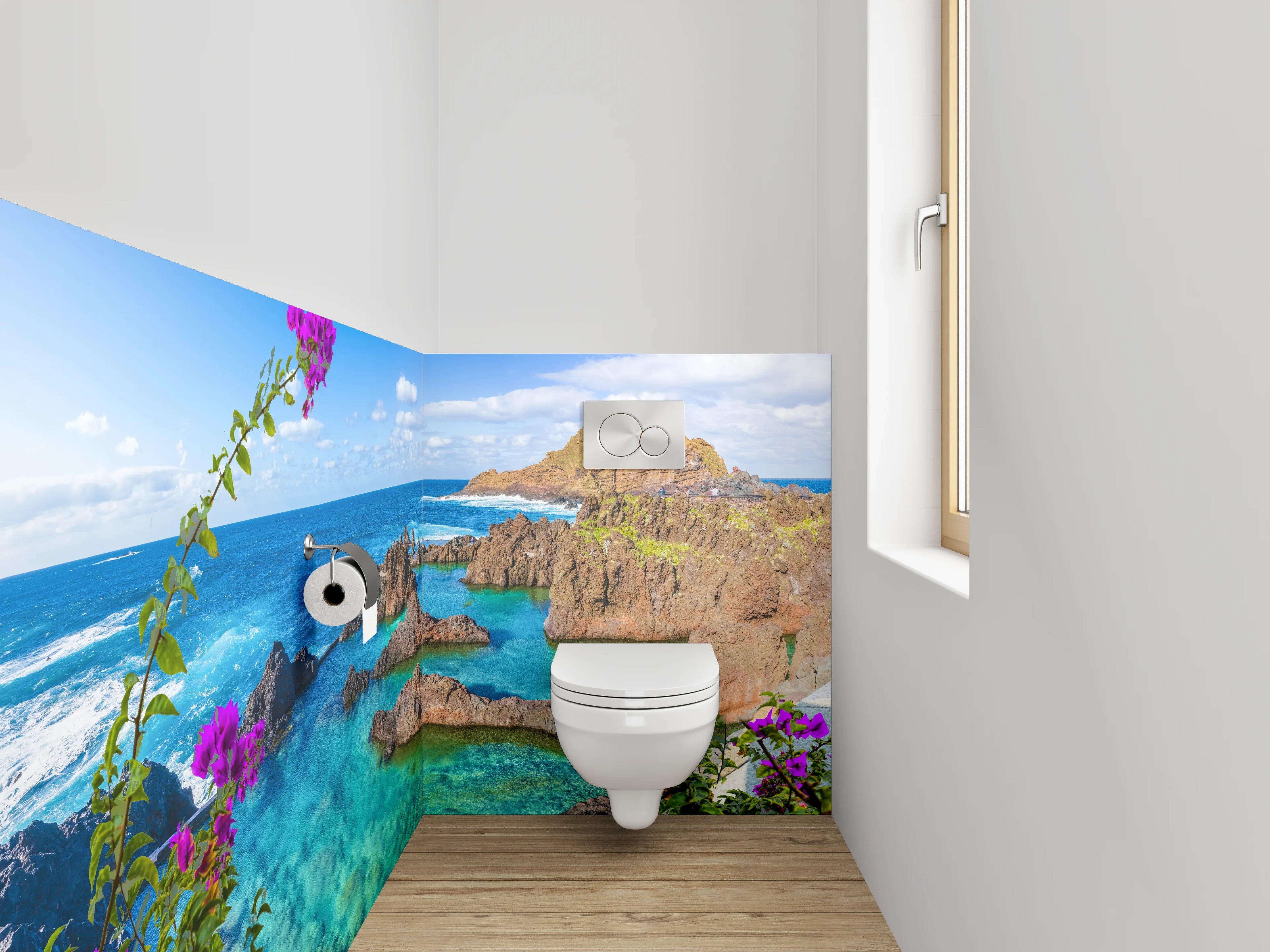 WC-Rückwand - Türkisklares Meer, Blumen & Felsen