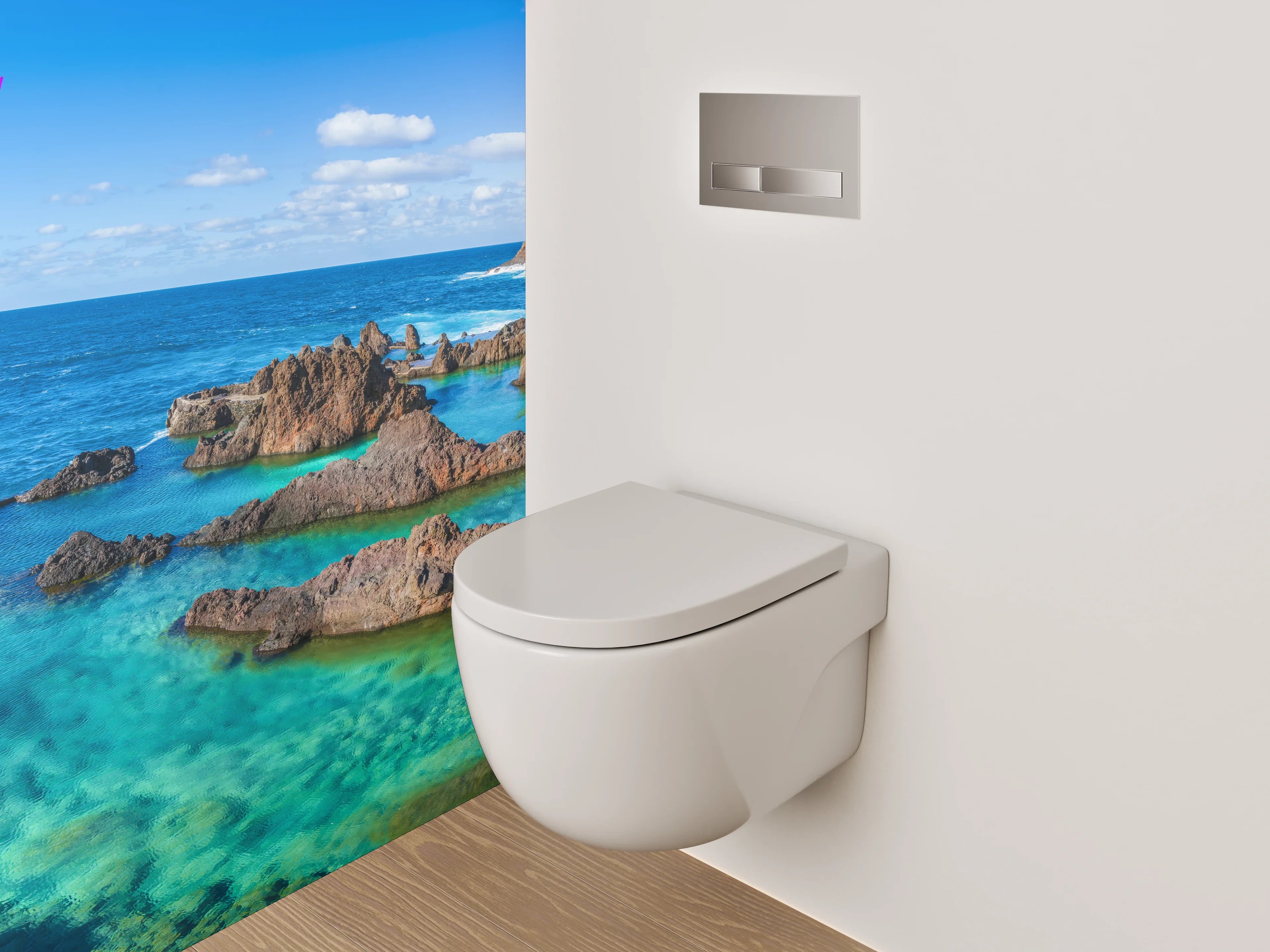 WC-Rückwand - Türkisklares Meer, Blumen & Felsen