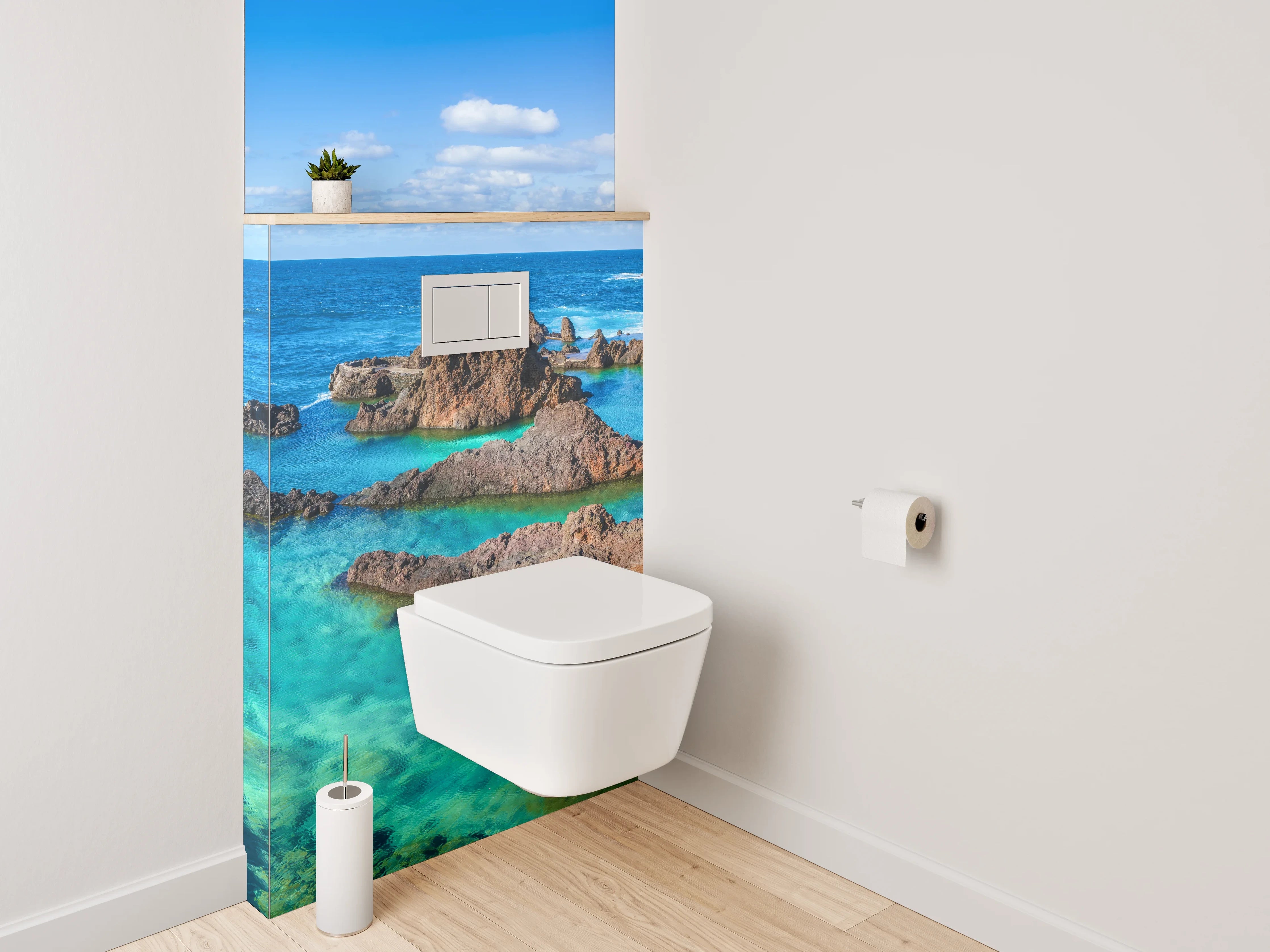 WC-Rückwand - Türkisklares Meer, Blumen & Felsen