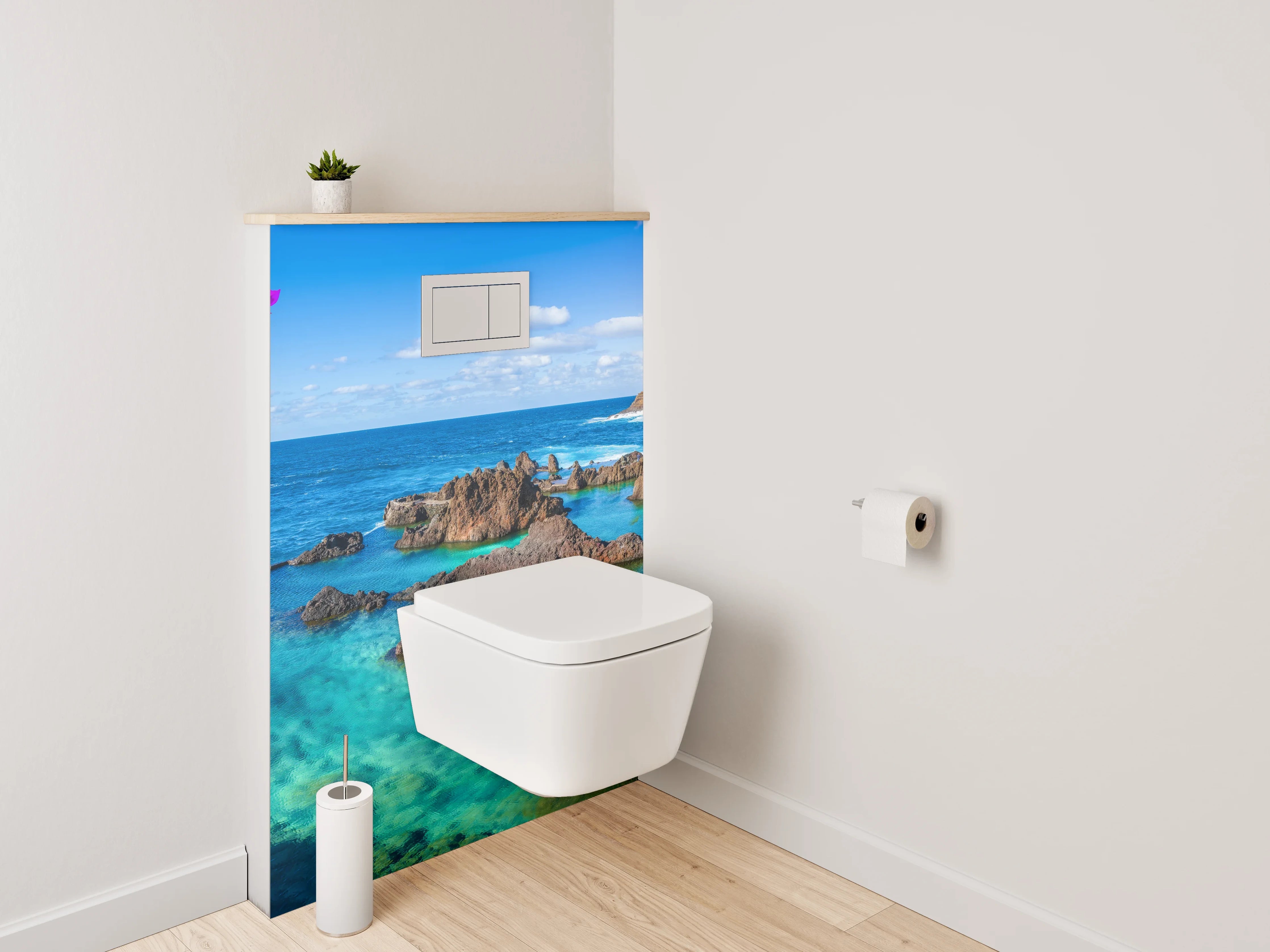 WC-Rückwand - Türkisklares Meer, Blumen & Felsen