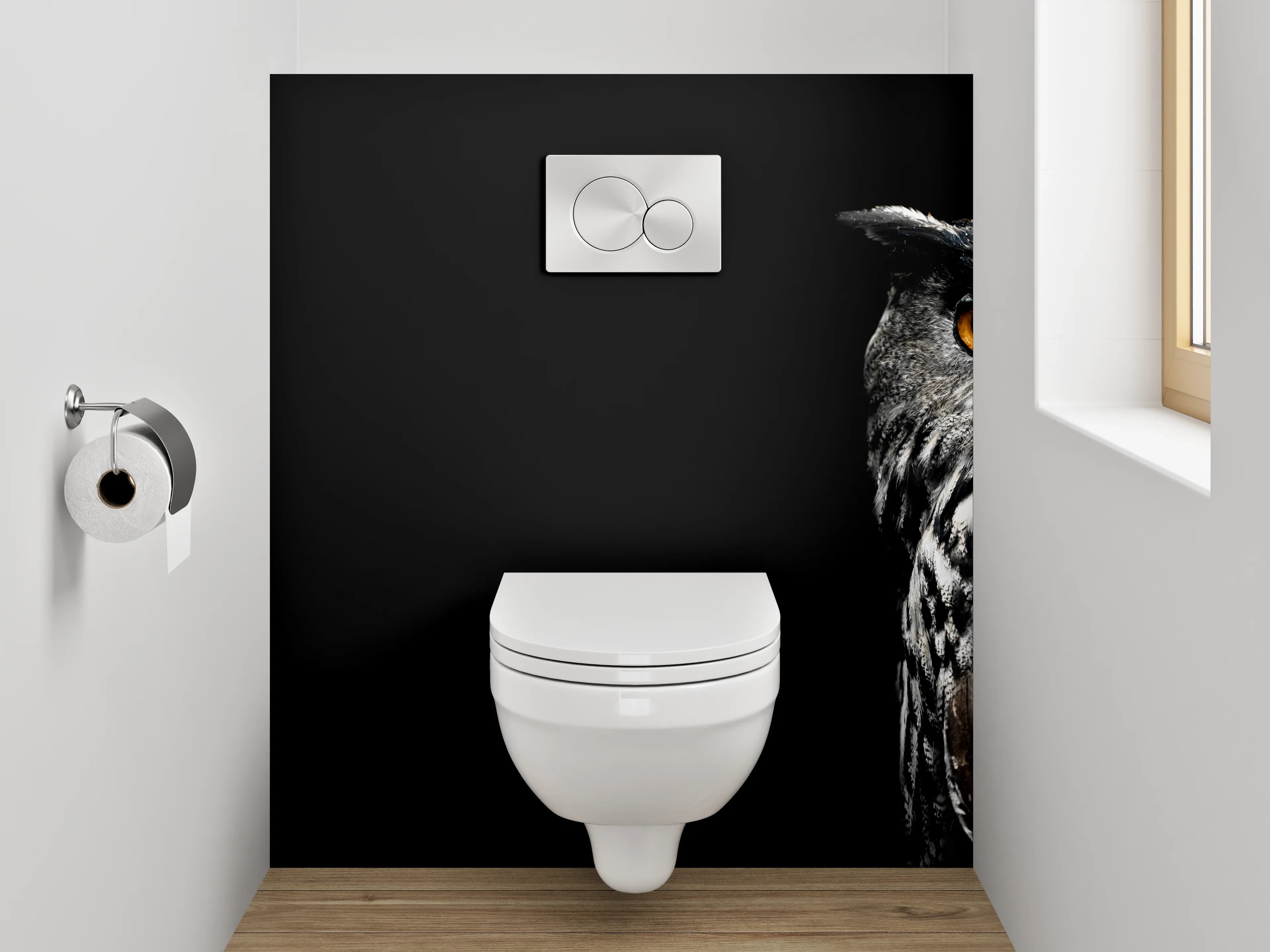 WC-Rückwand - Uhu Porträt auf schwarzem Hintergrund